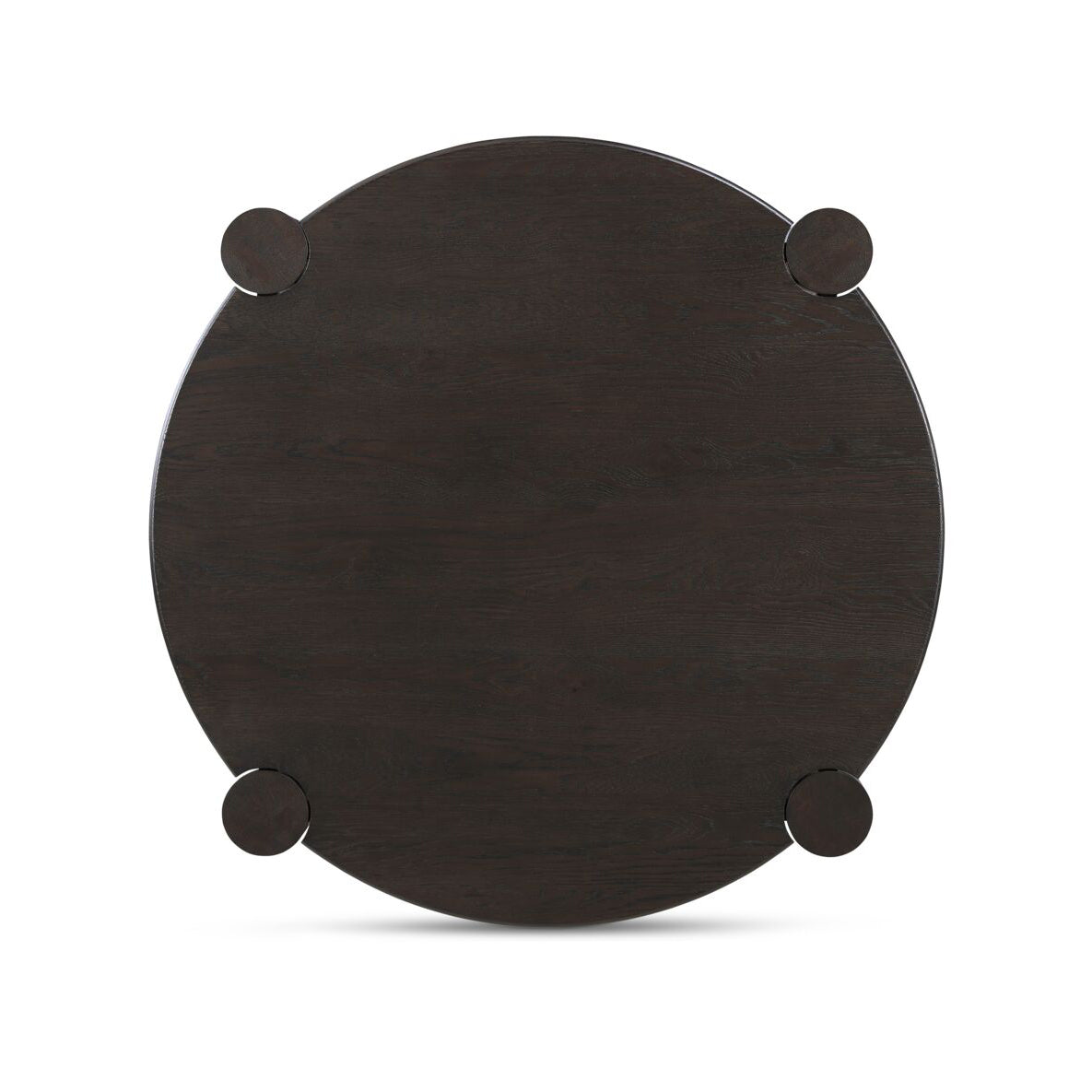 Round dark wooden coaster with four legs on a white background