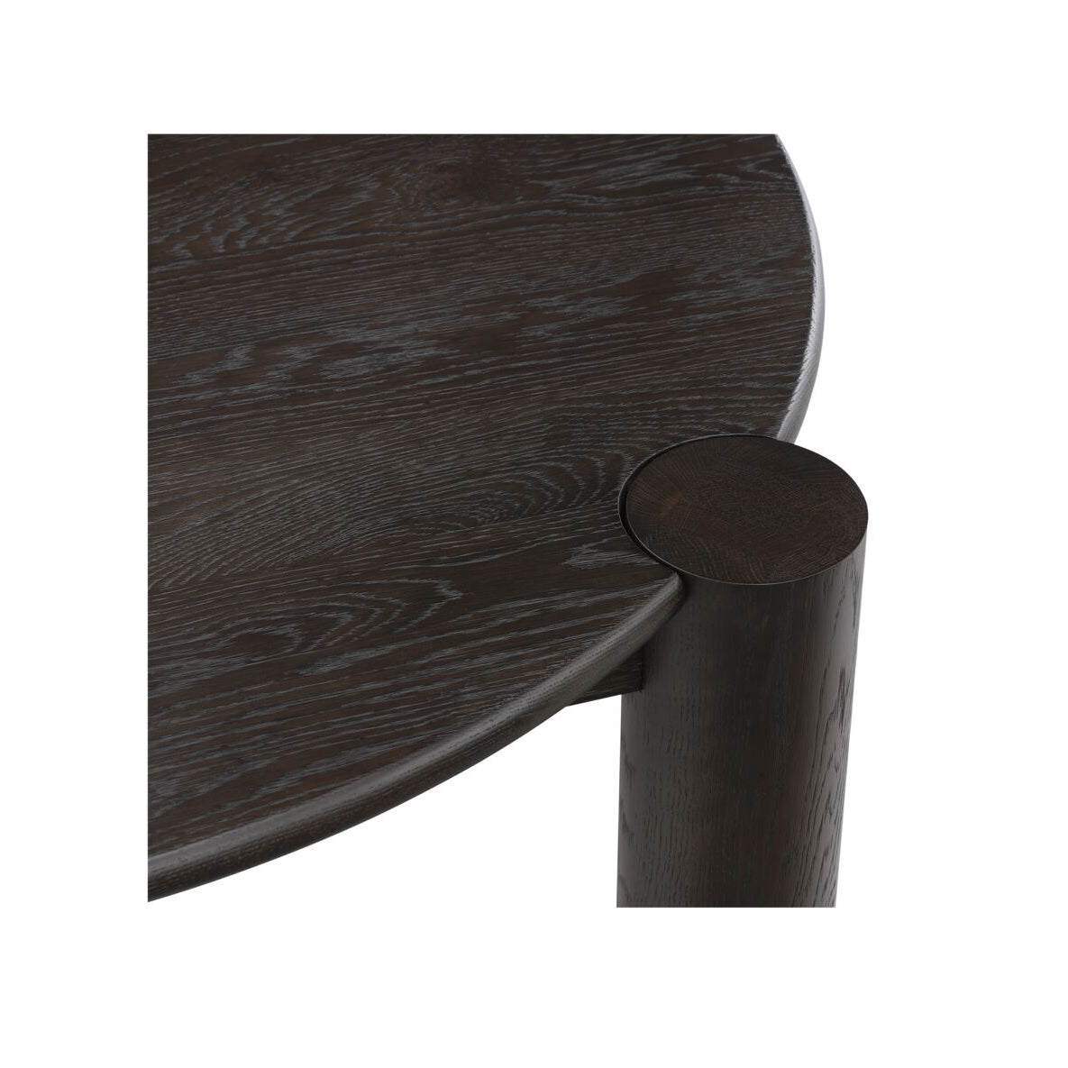 Dark wooden table corner with a cylindrical leg on a white background