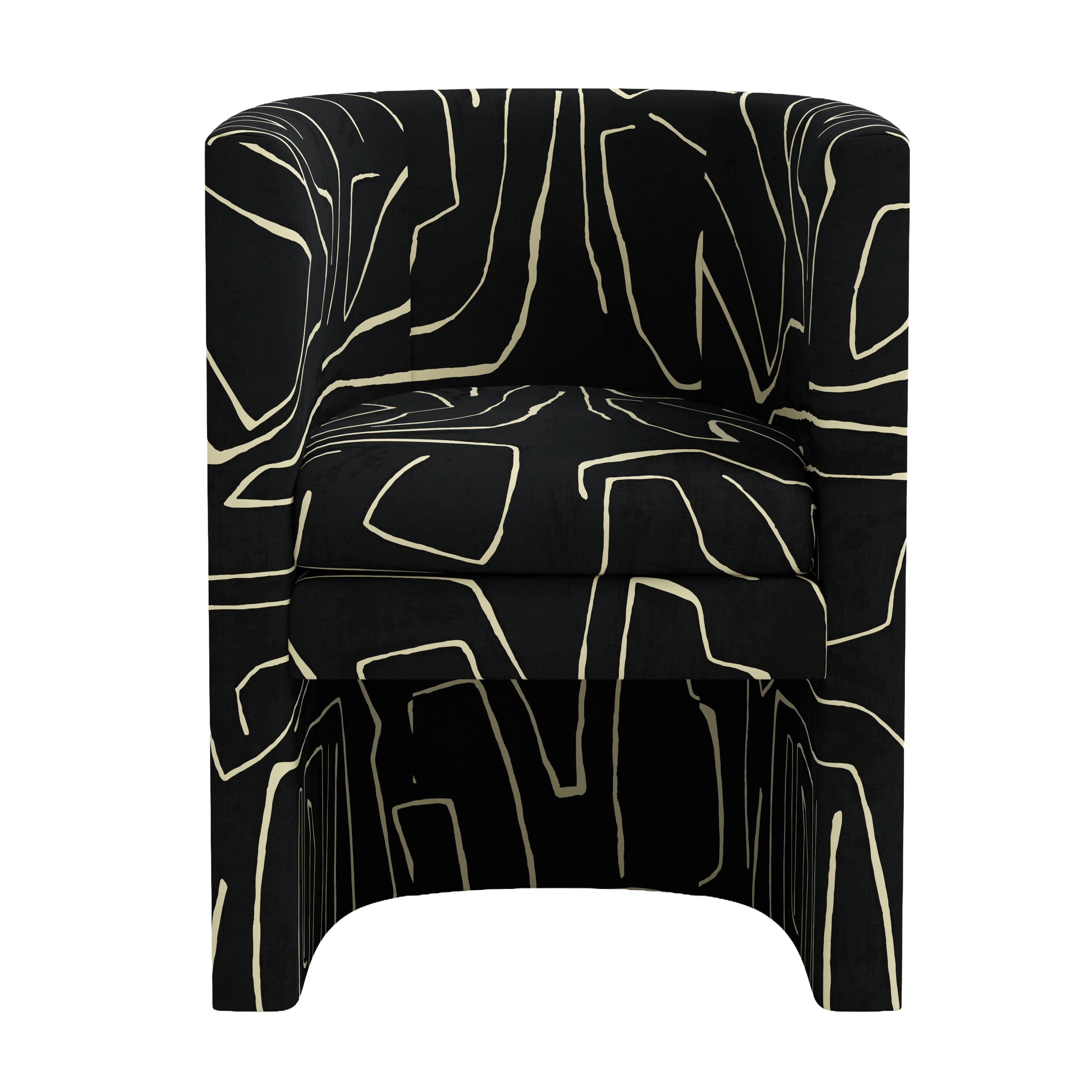 Black armchair with white abstract patterns on a white background