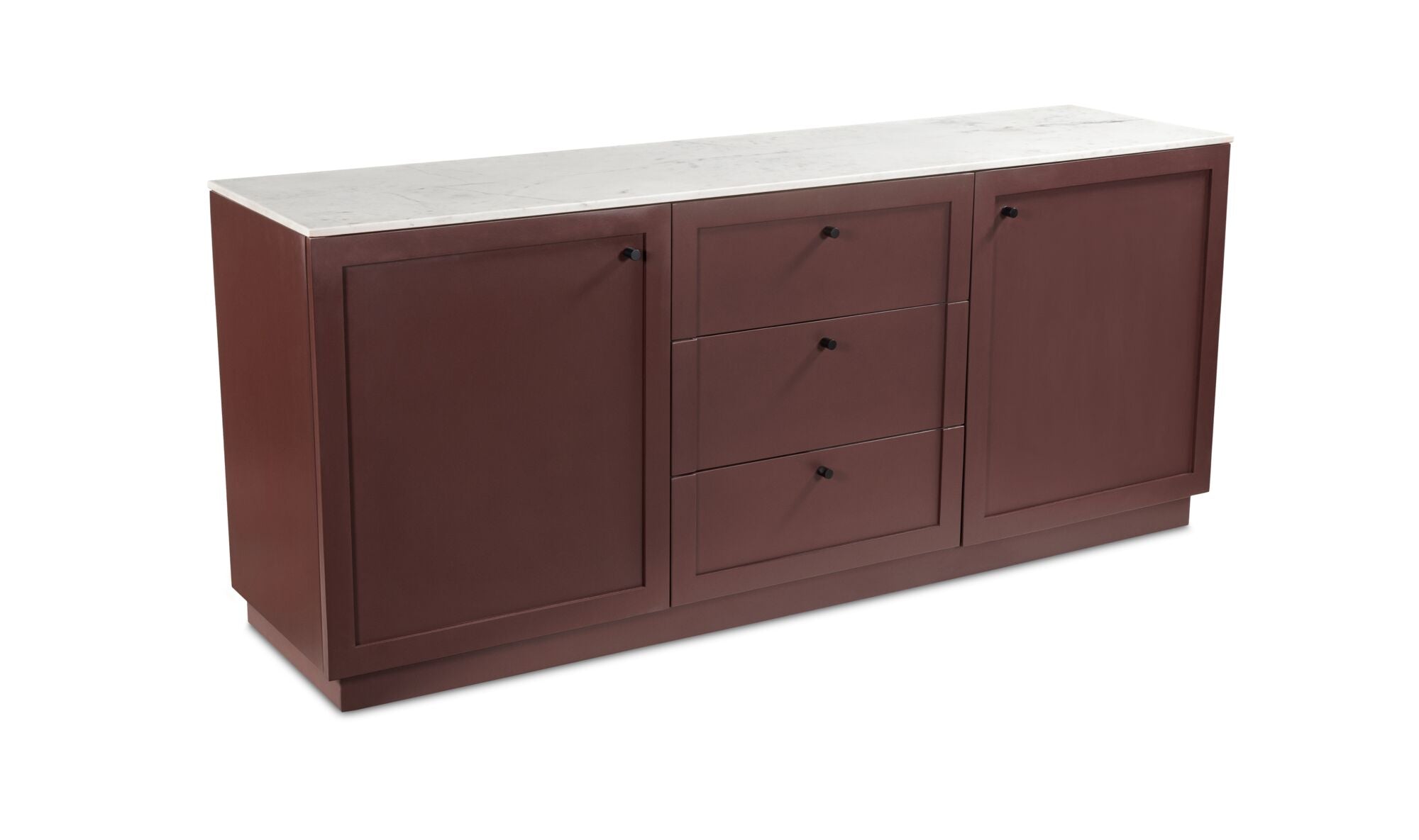 Burgandy sideboard with white marble countertop on a white background