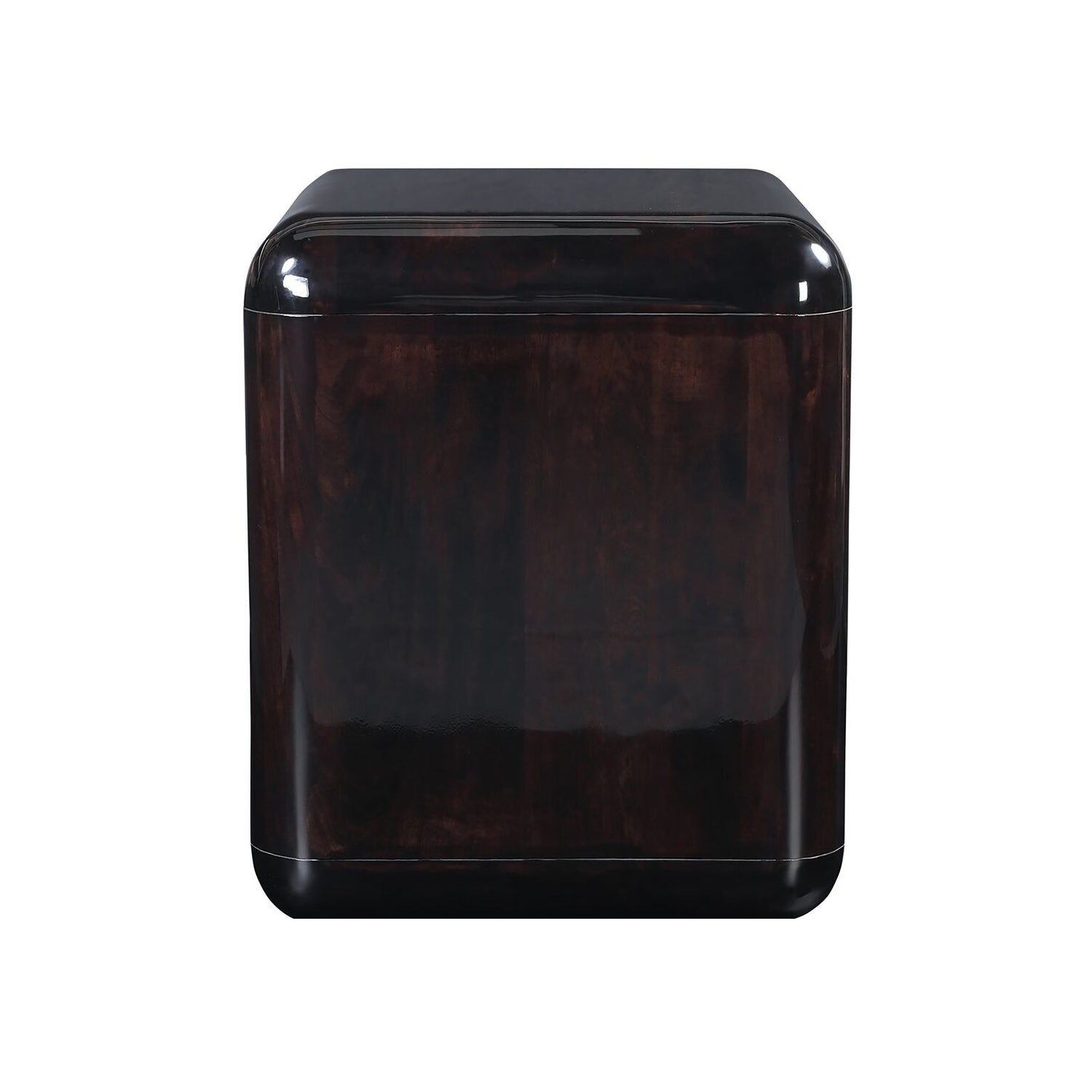Sideview of dark wooden nightstand in high gloss