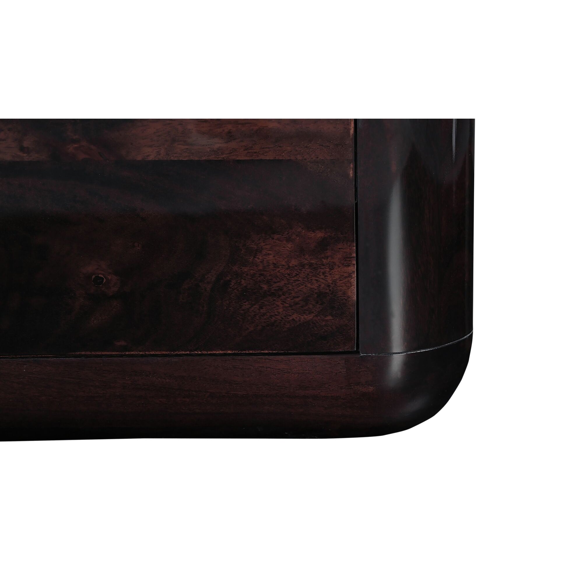 Close-up of a dark wooden nightstand base with a glossy finish