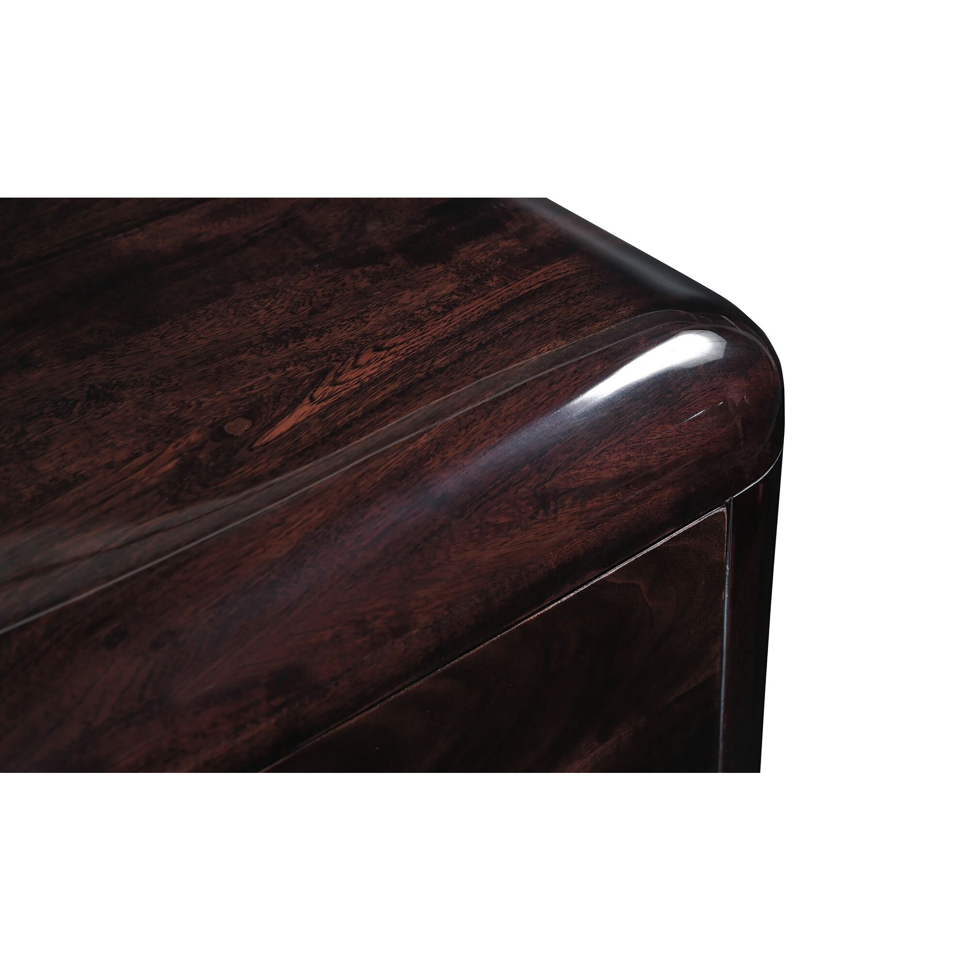 Close-up of a dark wooden nightstand table top with a glossy finish