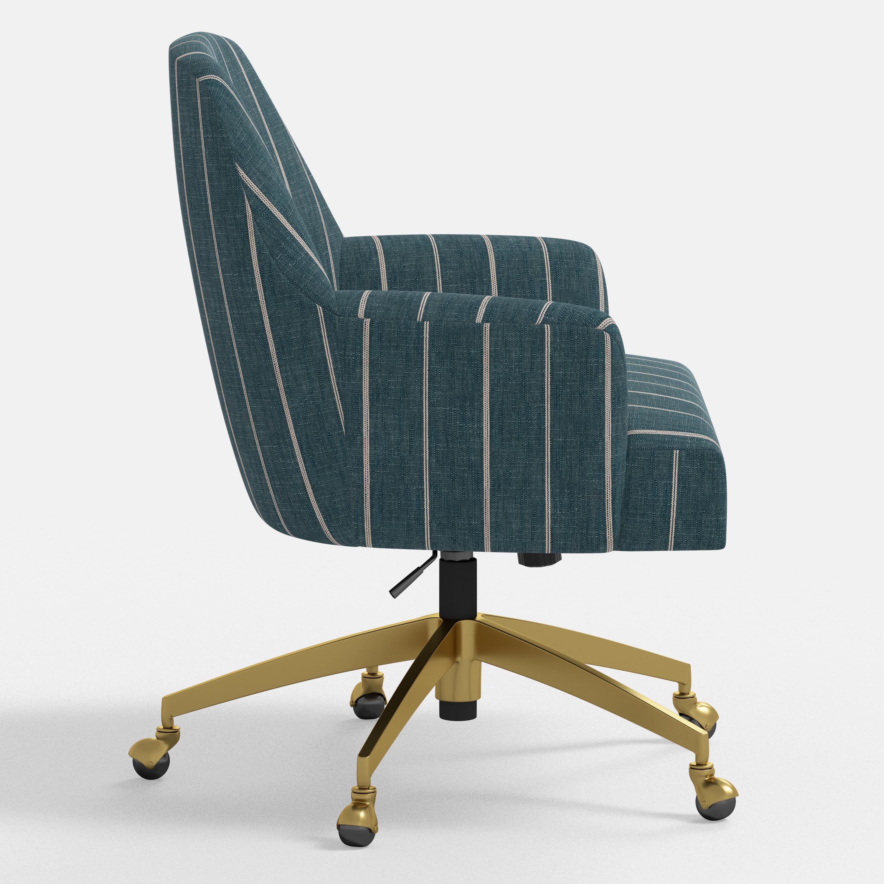 Blue striped office chair with gold base on a white background