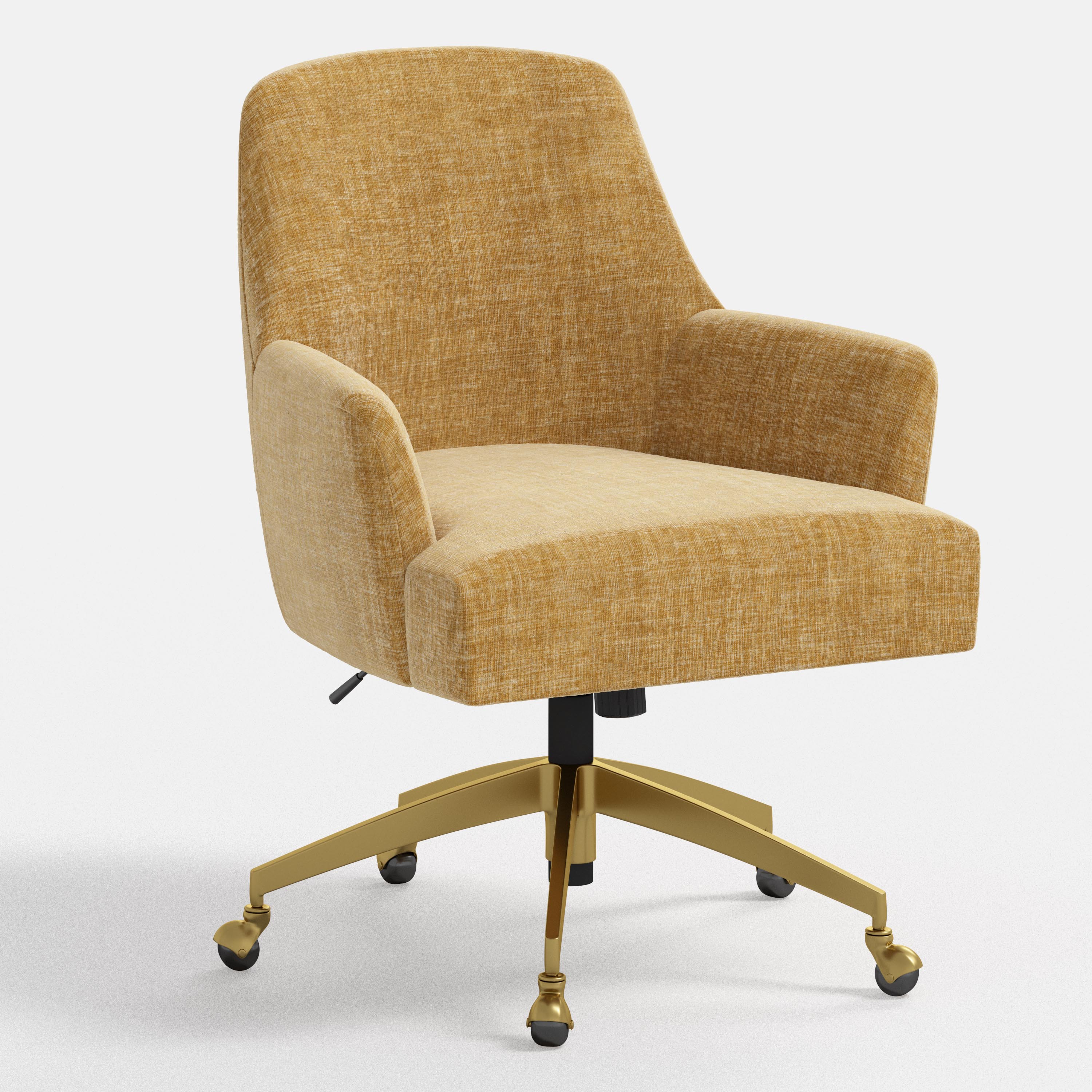 Yellow office chair with gold swivel base on a white background