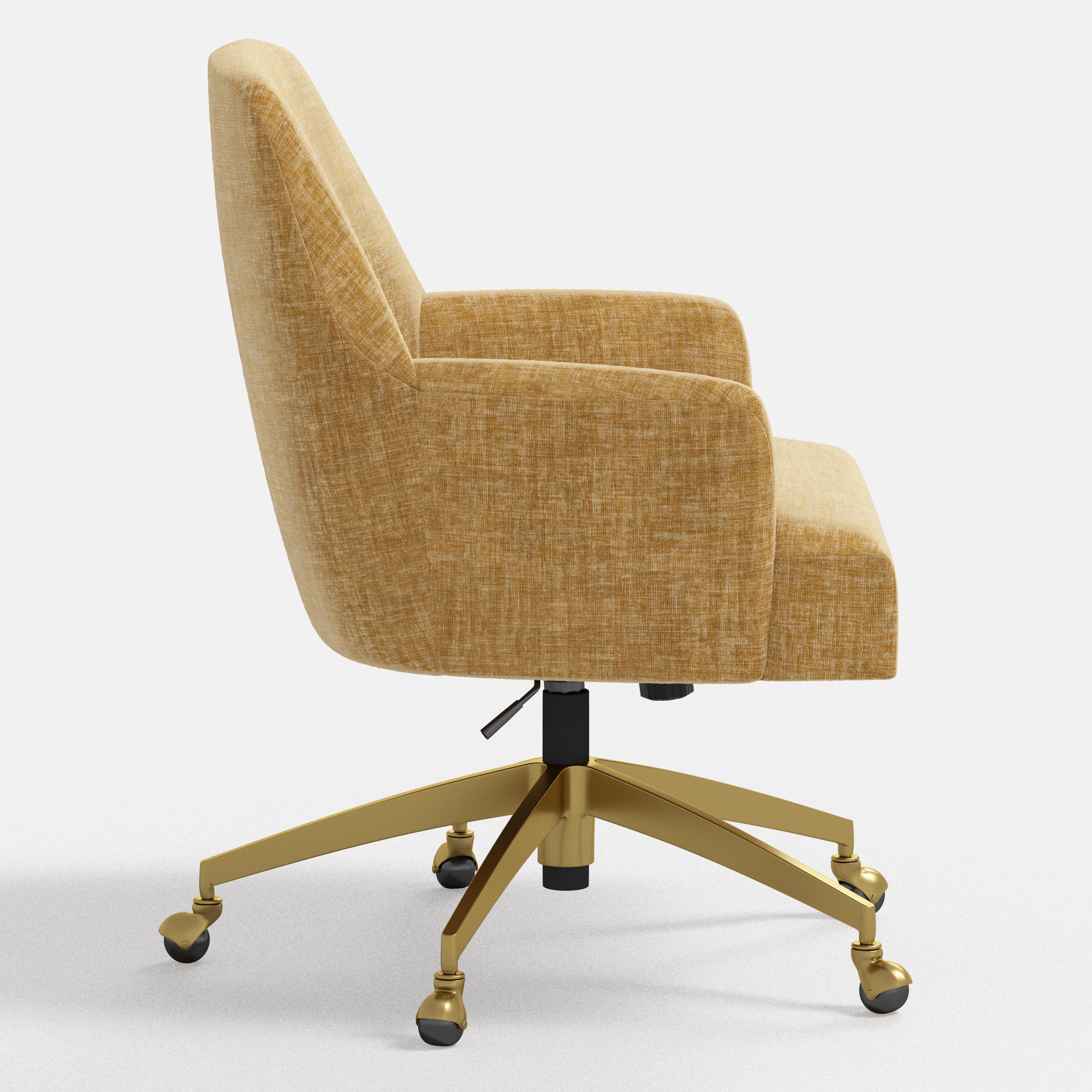 Yellow office chair with gold swivel base on a white background