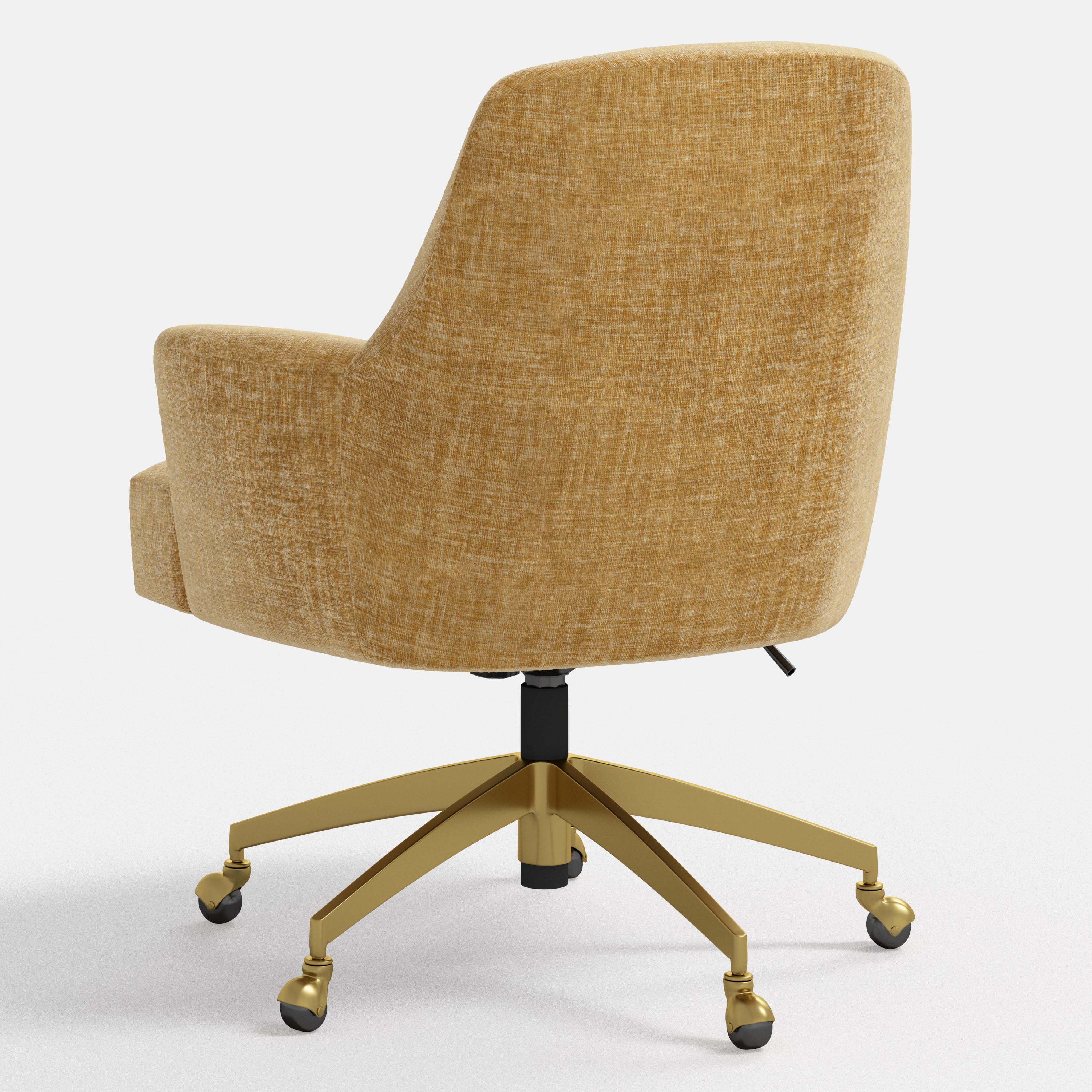 Yellow office chair with gold swivel base on a white background