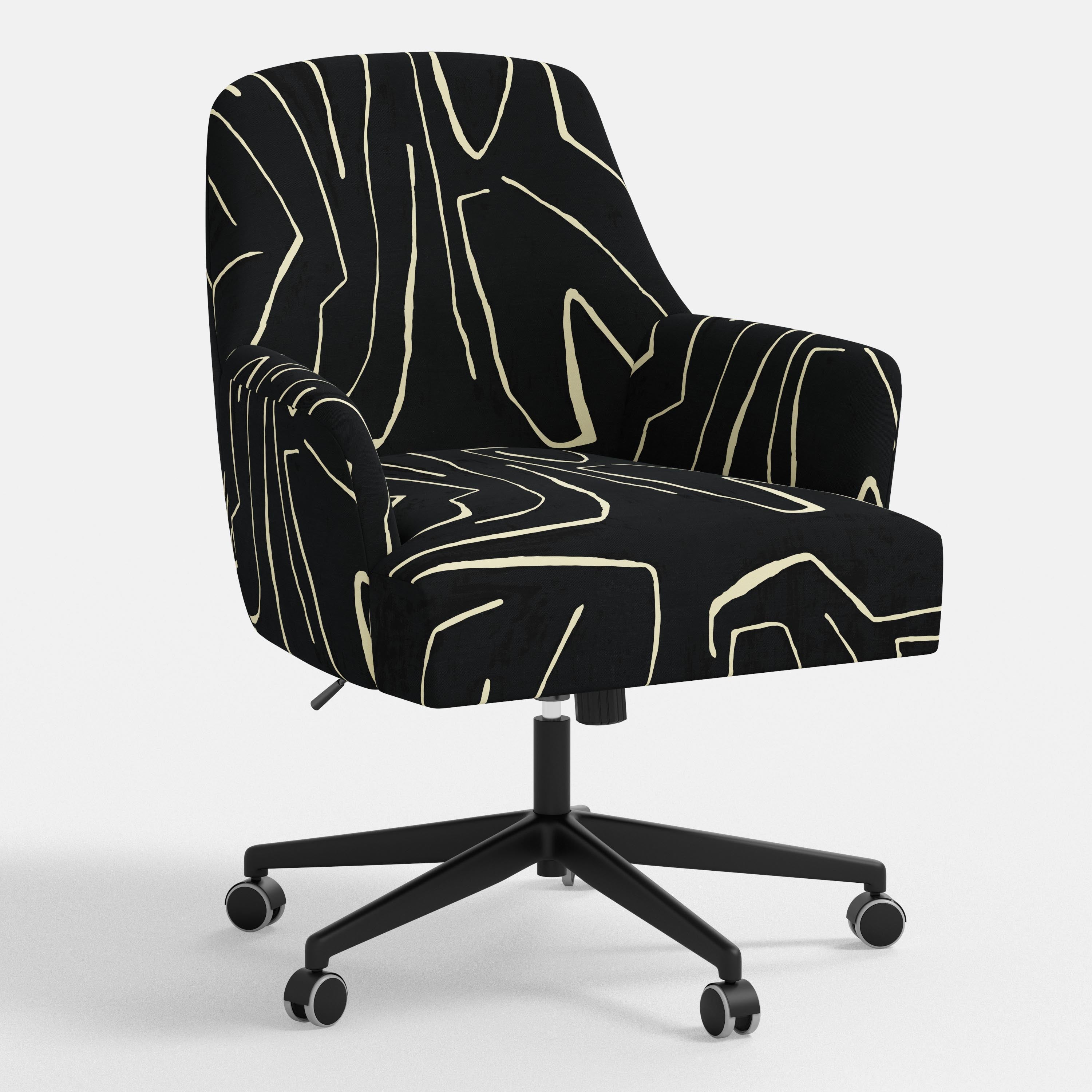 Black office chair with abstract white pattern on a white background
