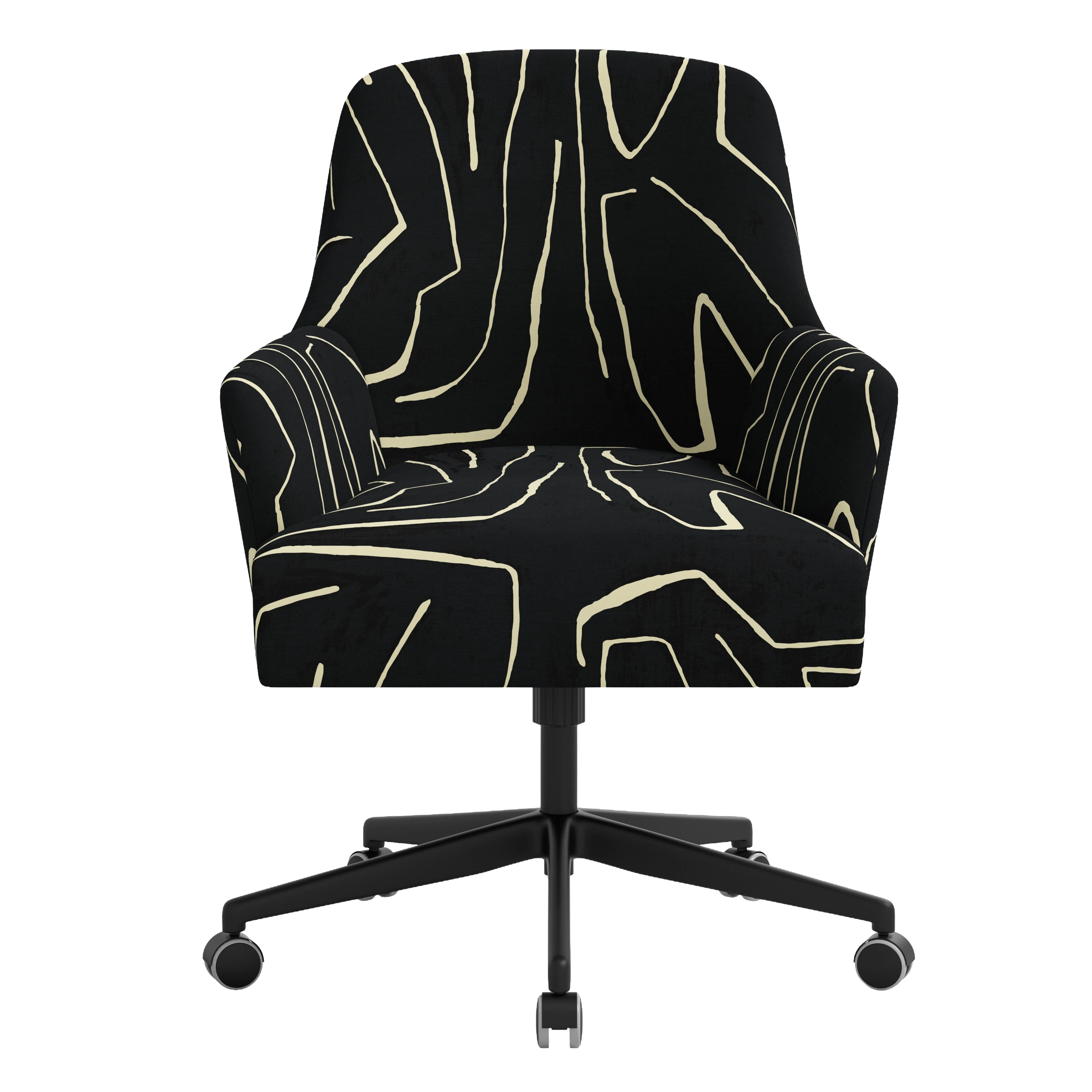 Black office chair with abstract white pattern on a white background