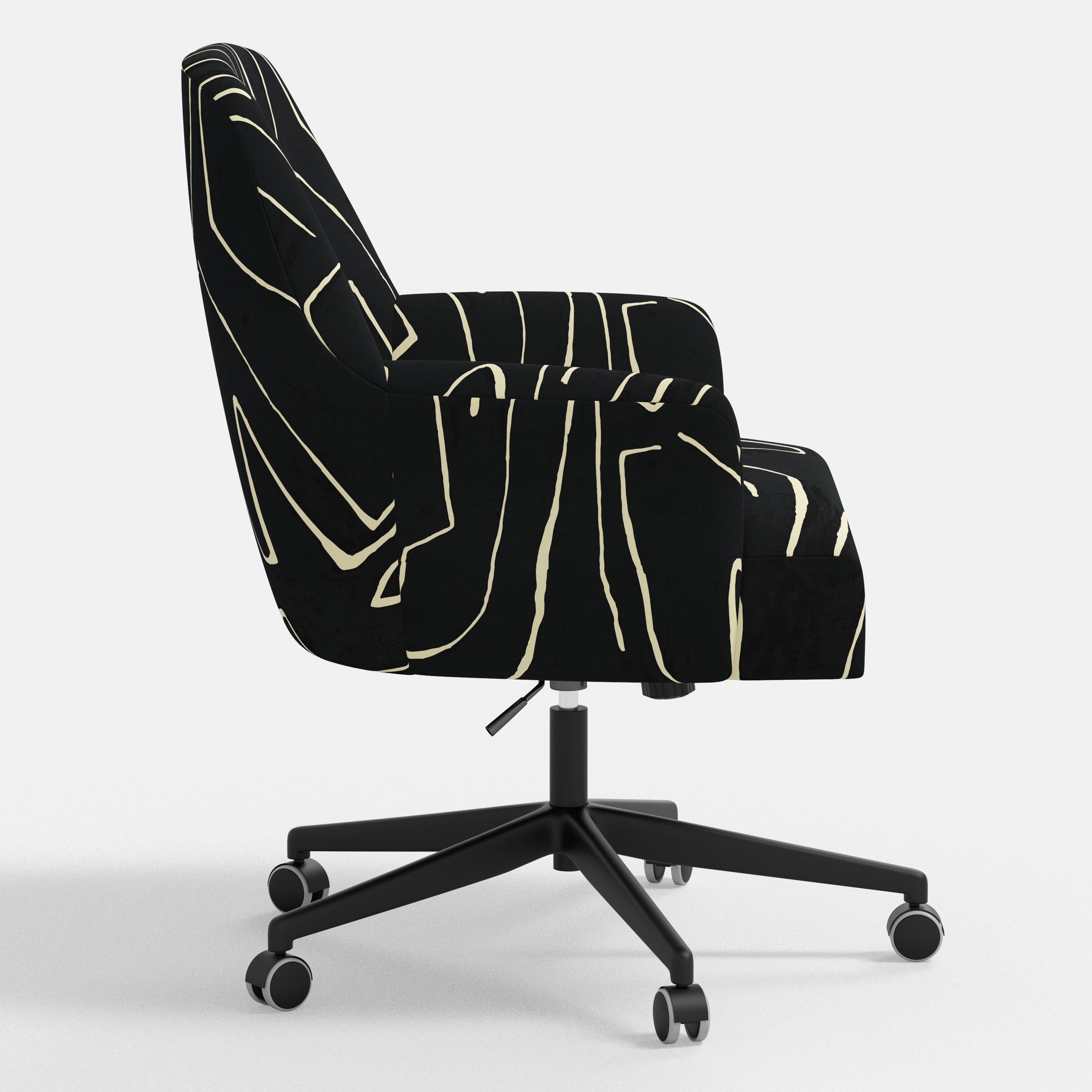 Black office chair with abstract white pattern on a white background