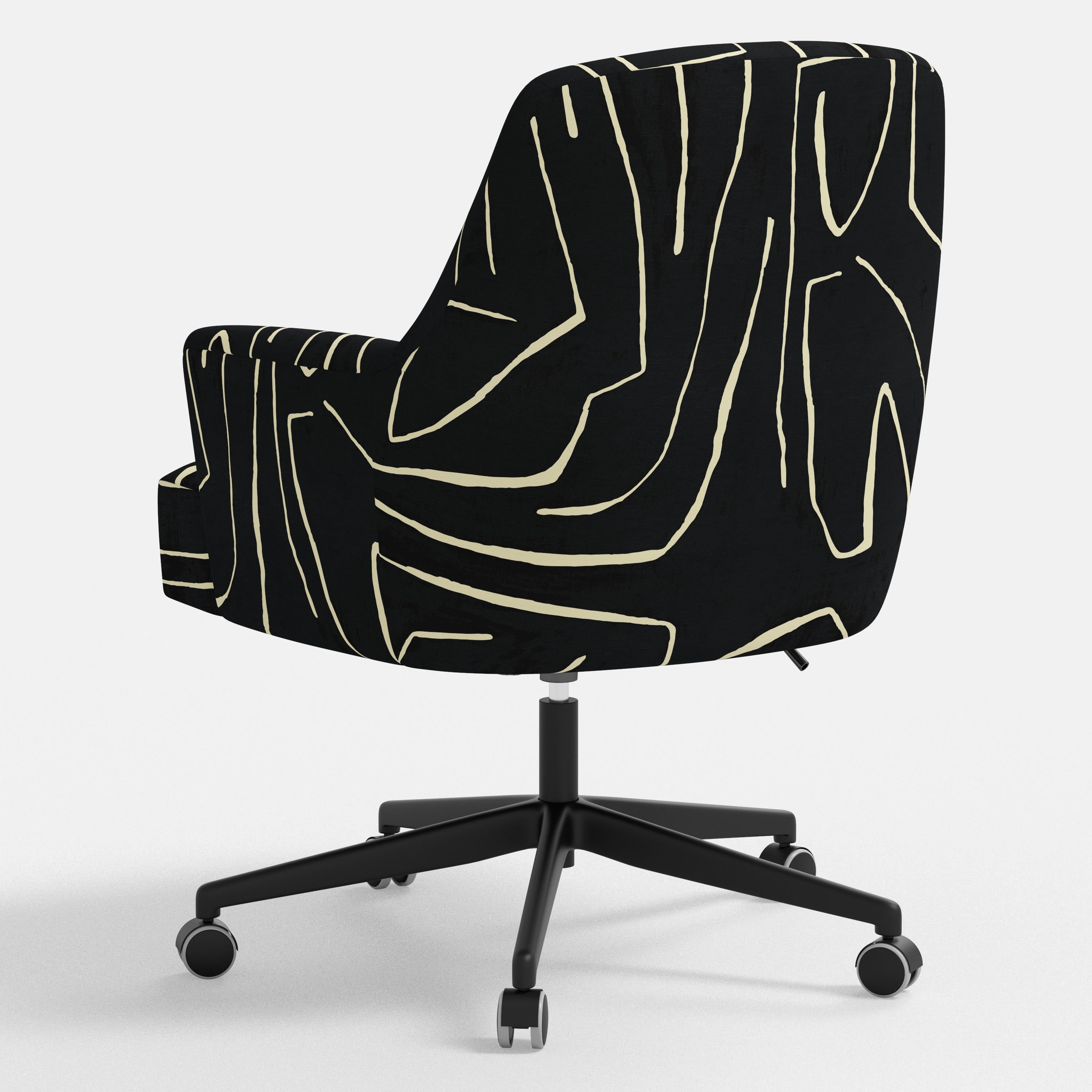 Black office chair with abstract white pattern on a white background