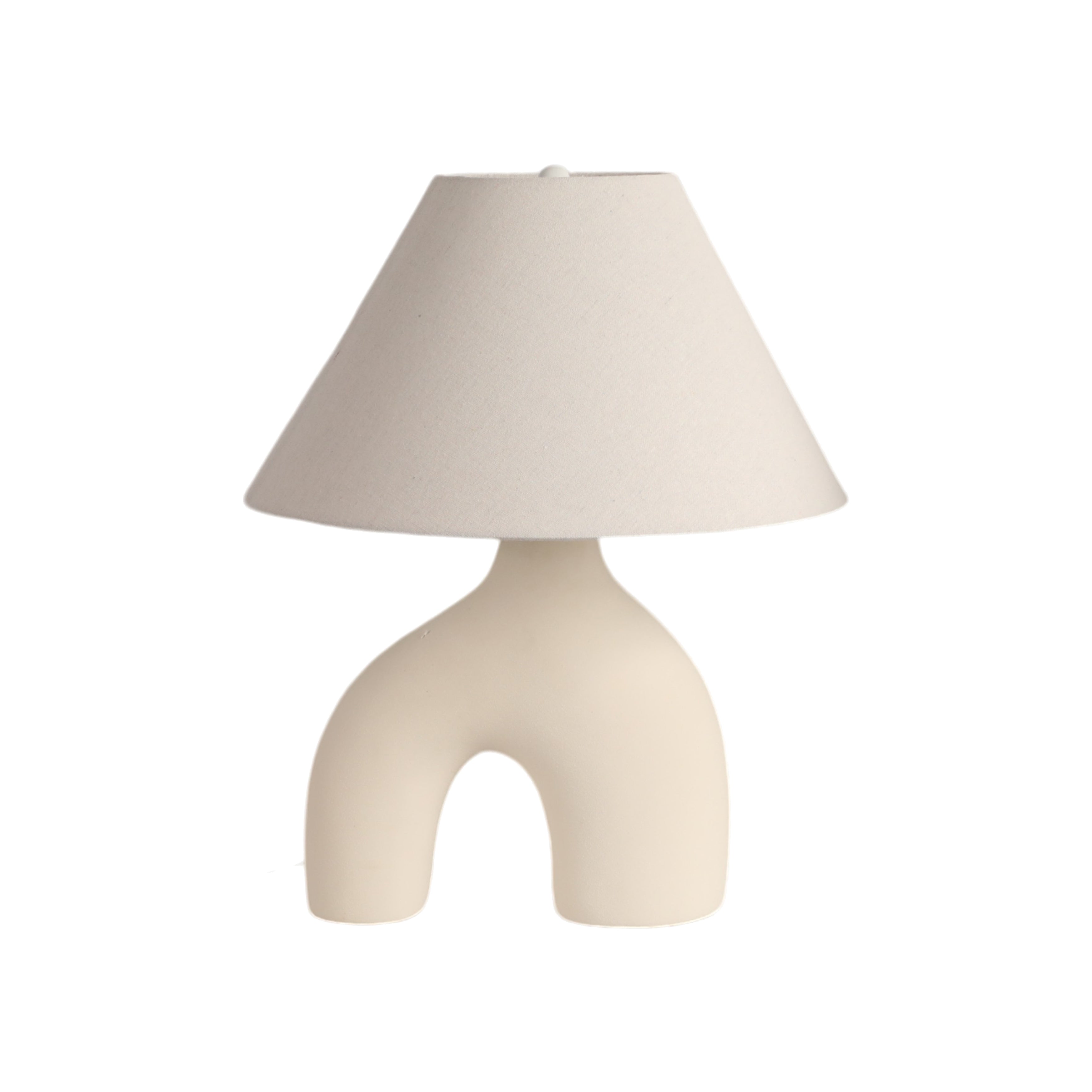 Beige table lamp with a white shade on a white background