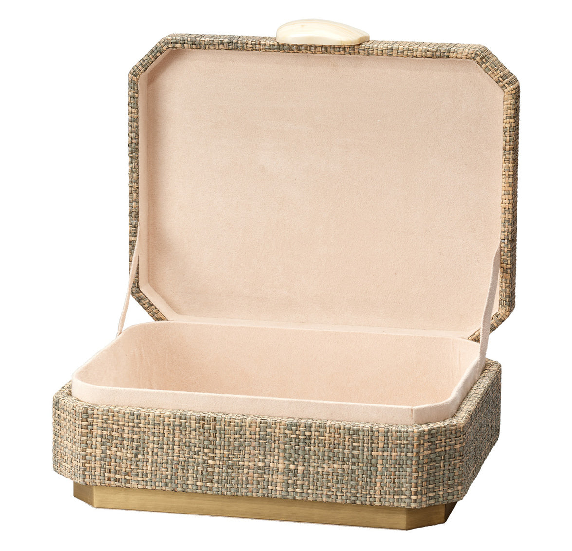 Woven storage box with a bone handle on a white background