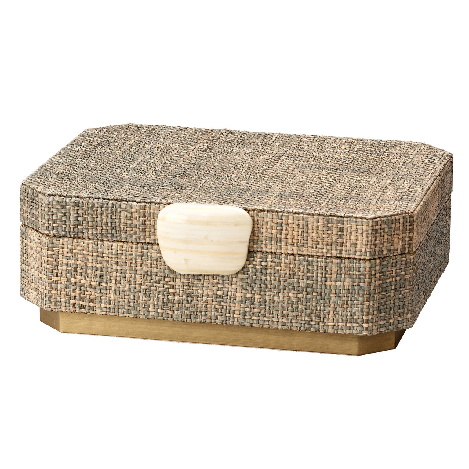Woven storage box with a bone handle on a white background