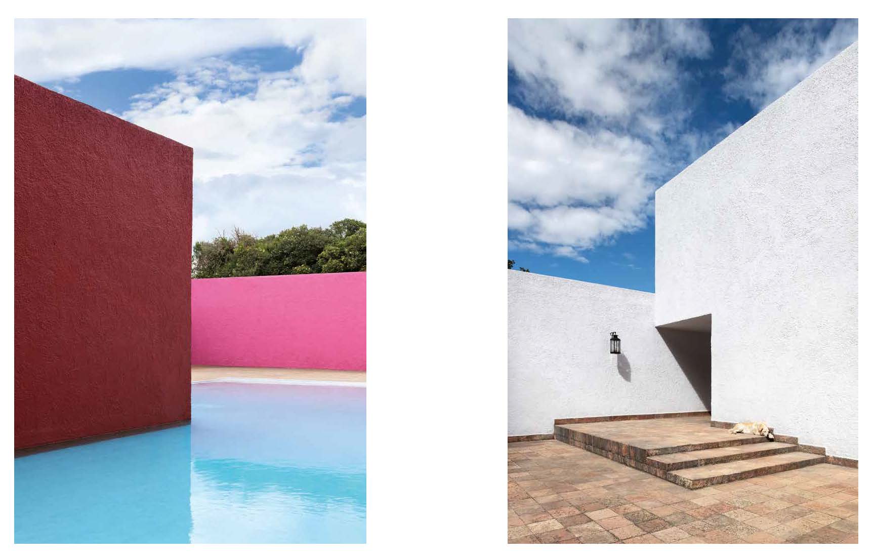 Two contrasting architectural scenes with colorful walls and a white building.