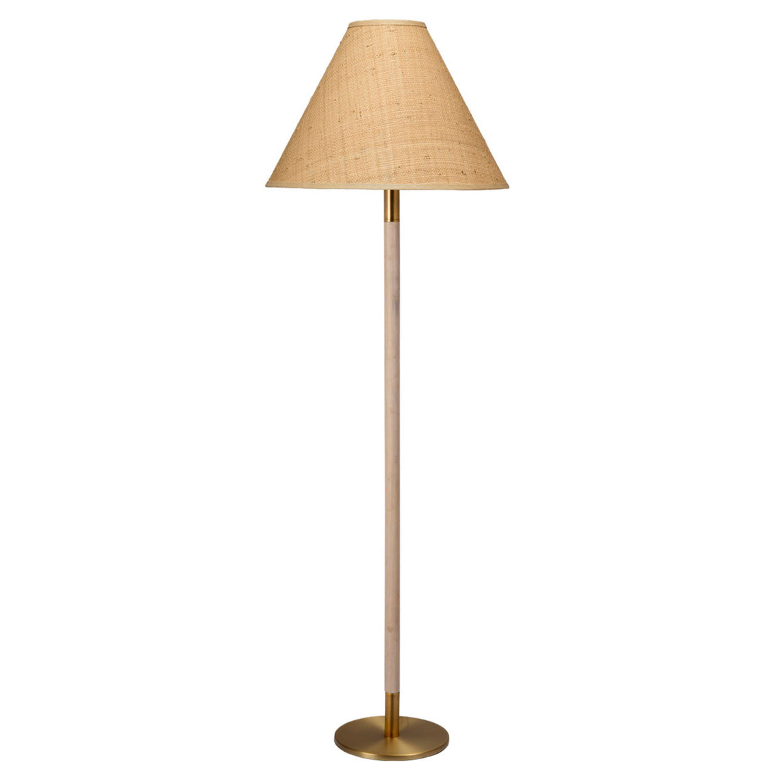 Floor lamp with a beige shade and brass base on a white background