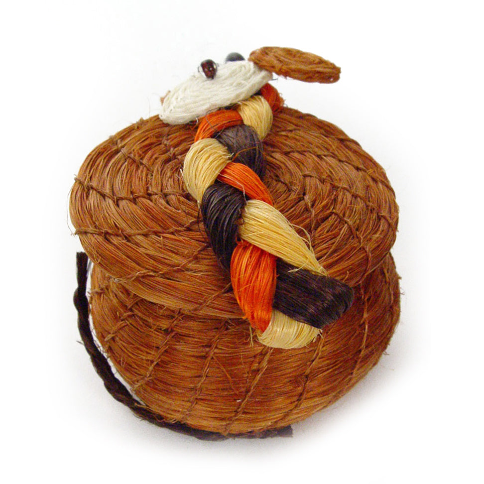 Woven basket with colorful braided giraffe top on a white background