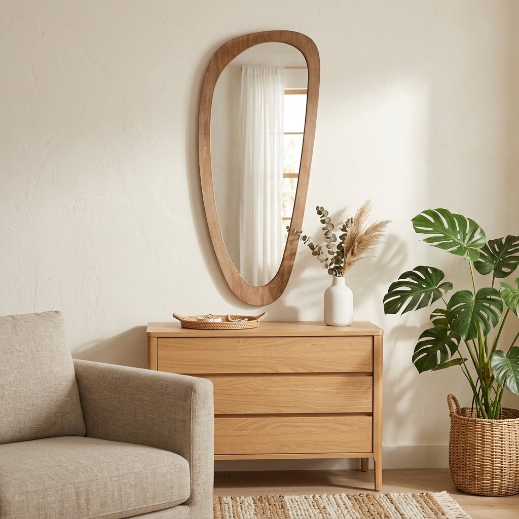 Wooden dresser with mirror and decor in a room with a sofa and plant