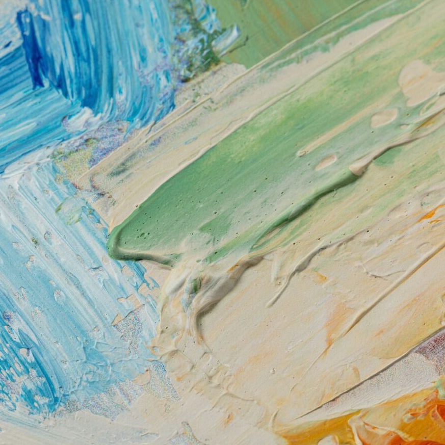 Abstract art with blue, green, and beige brush strokes on a white background