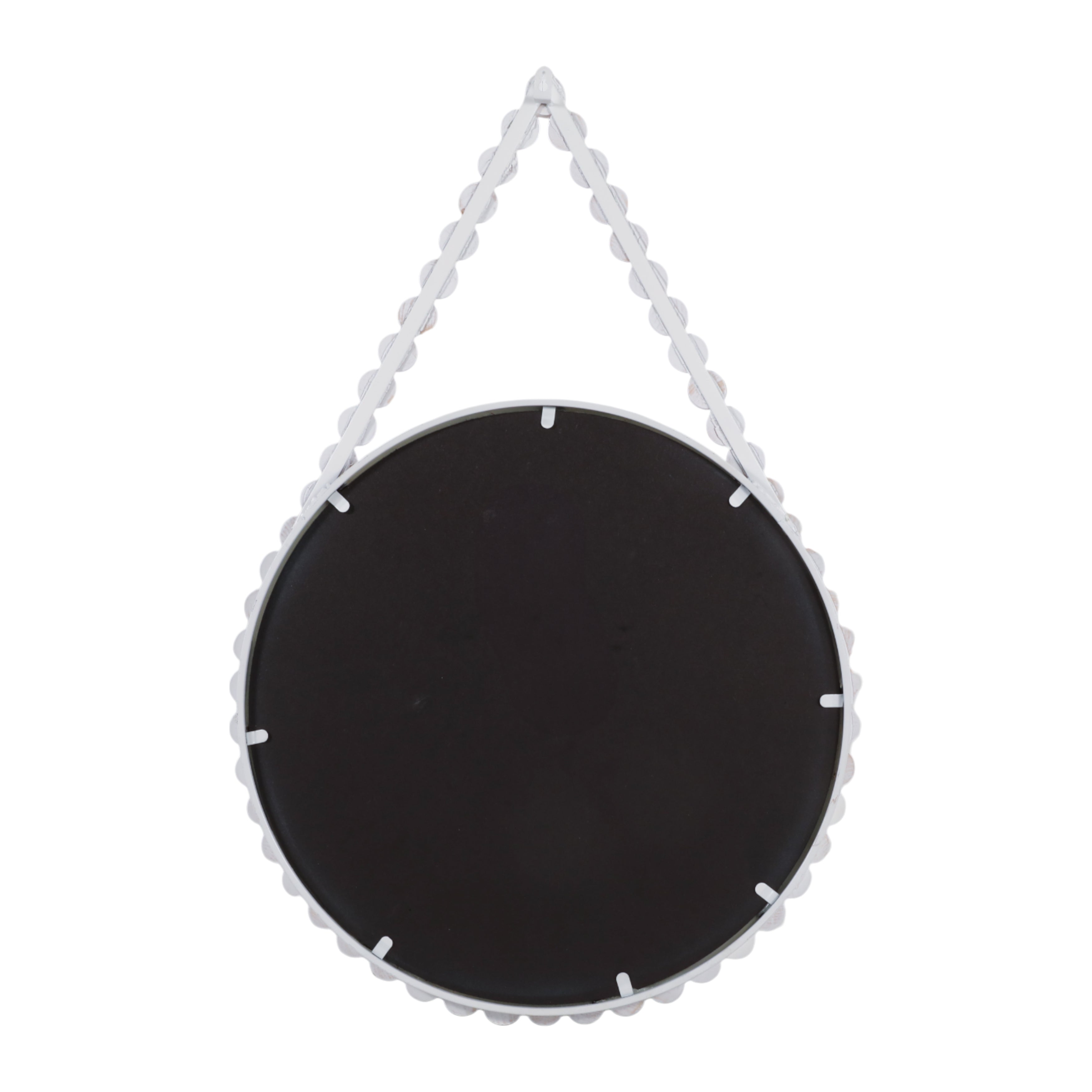 Round black mirror with white decorative border and hanging string on a white background