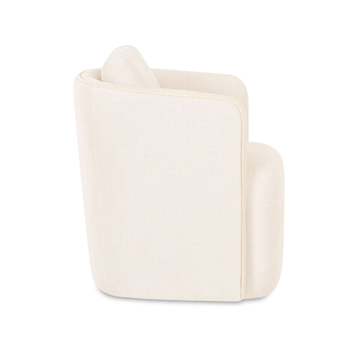 White upholstered swivel dining armchair on white background