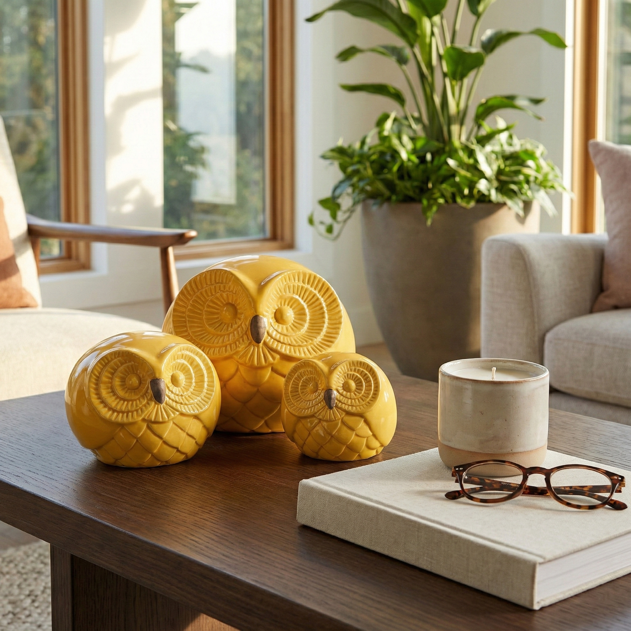 Yellow owl-shaped candles on a wooden table with a book and glasses in a cozy living room.