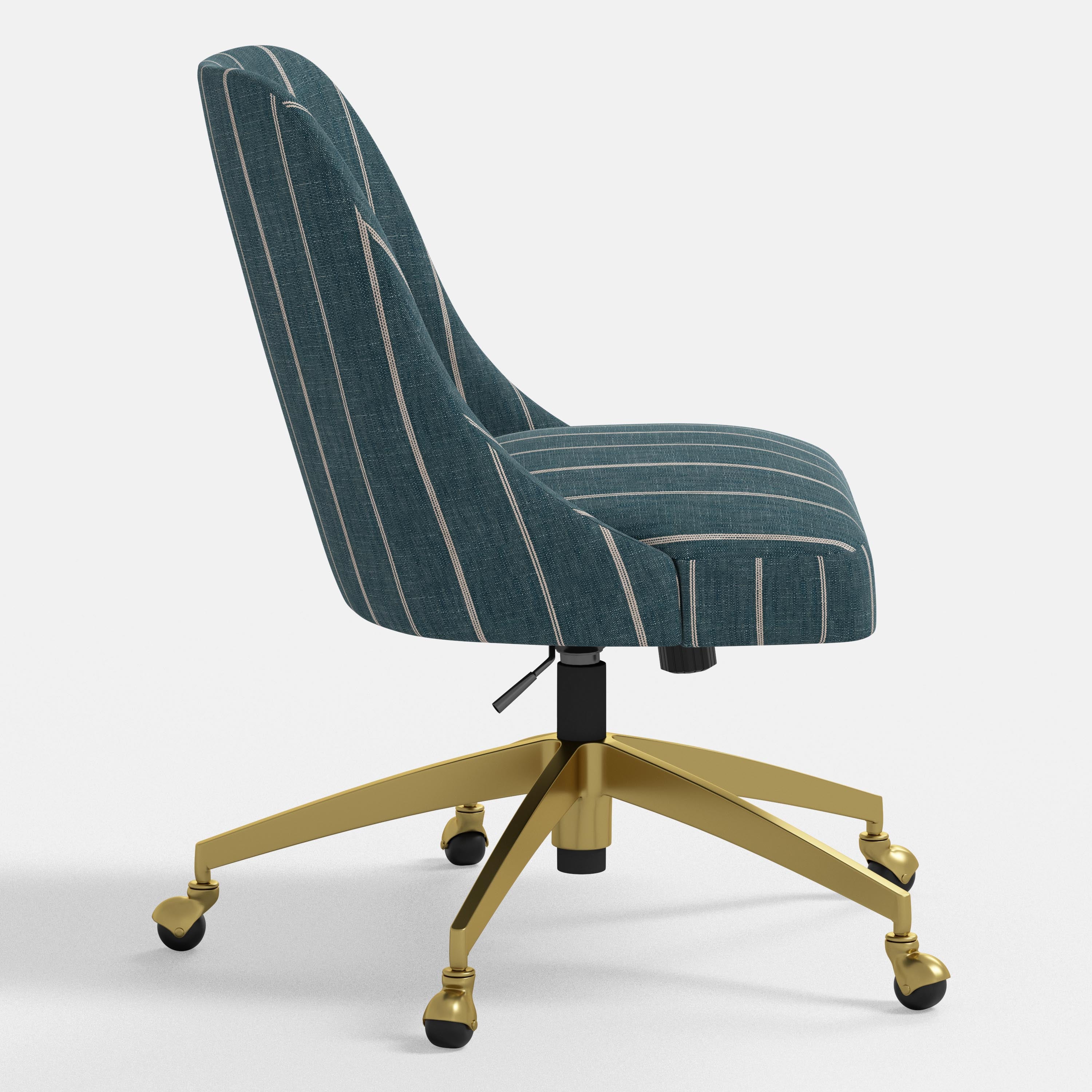 Chair with blue striped backrest and gold base on a white background
