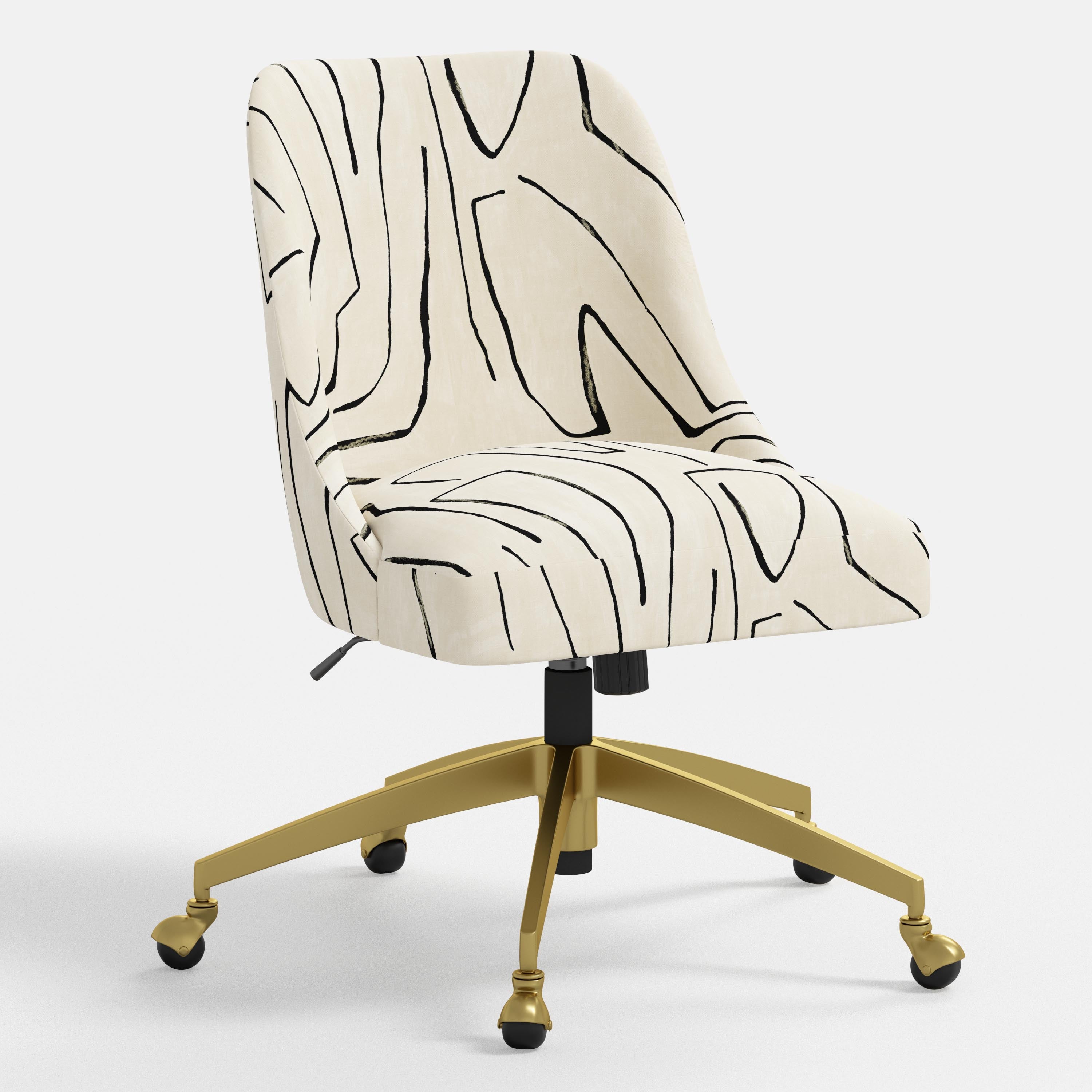 Chair with black abstract pattern on beige seat and backrest, gold base on white background