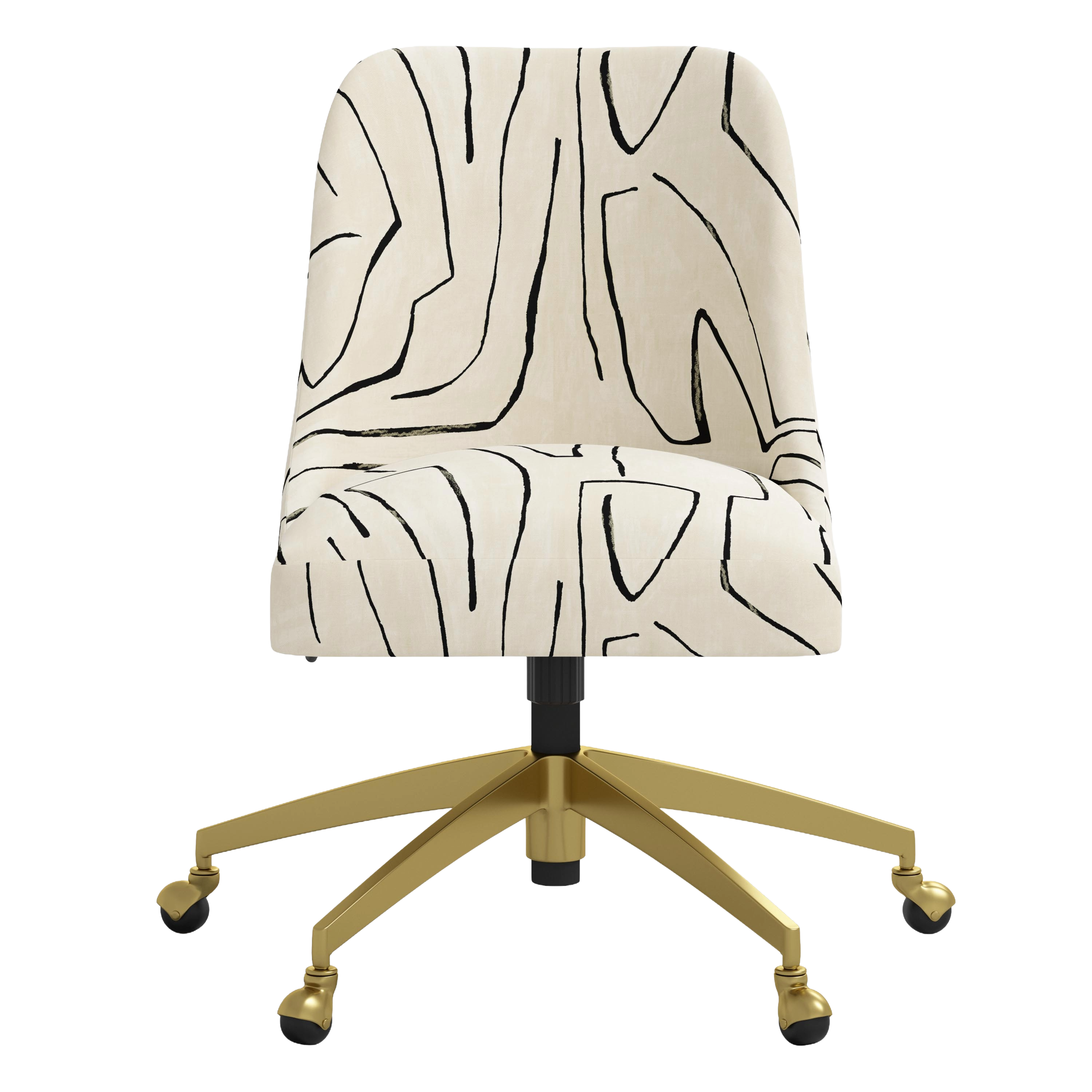 Chair with black abstract pattern on beige seat and backrest, gold base on white background