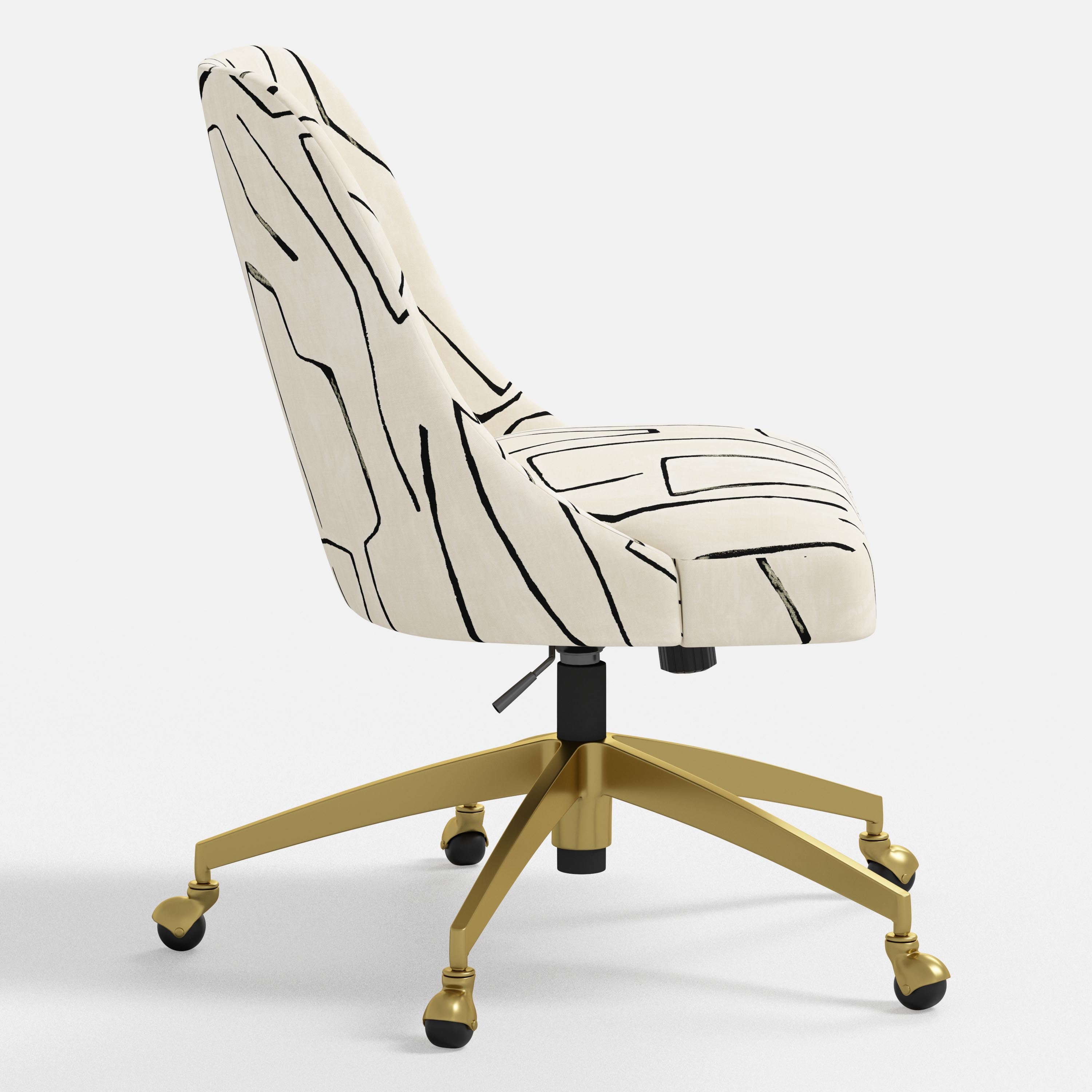 Chair with black abstract pattern on beige seat and backrest, gold base on white background