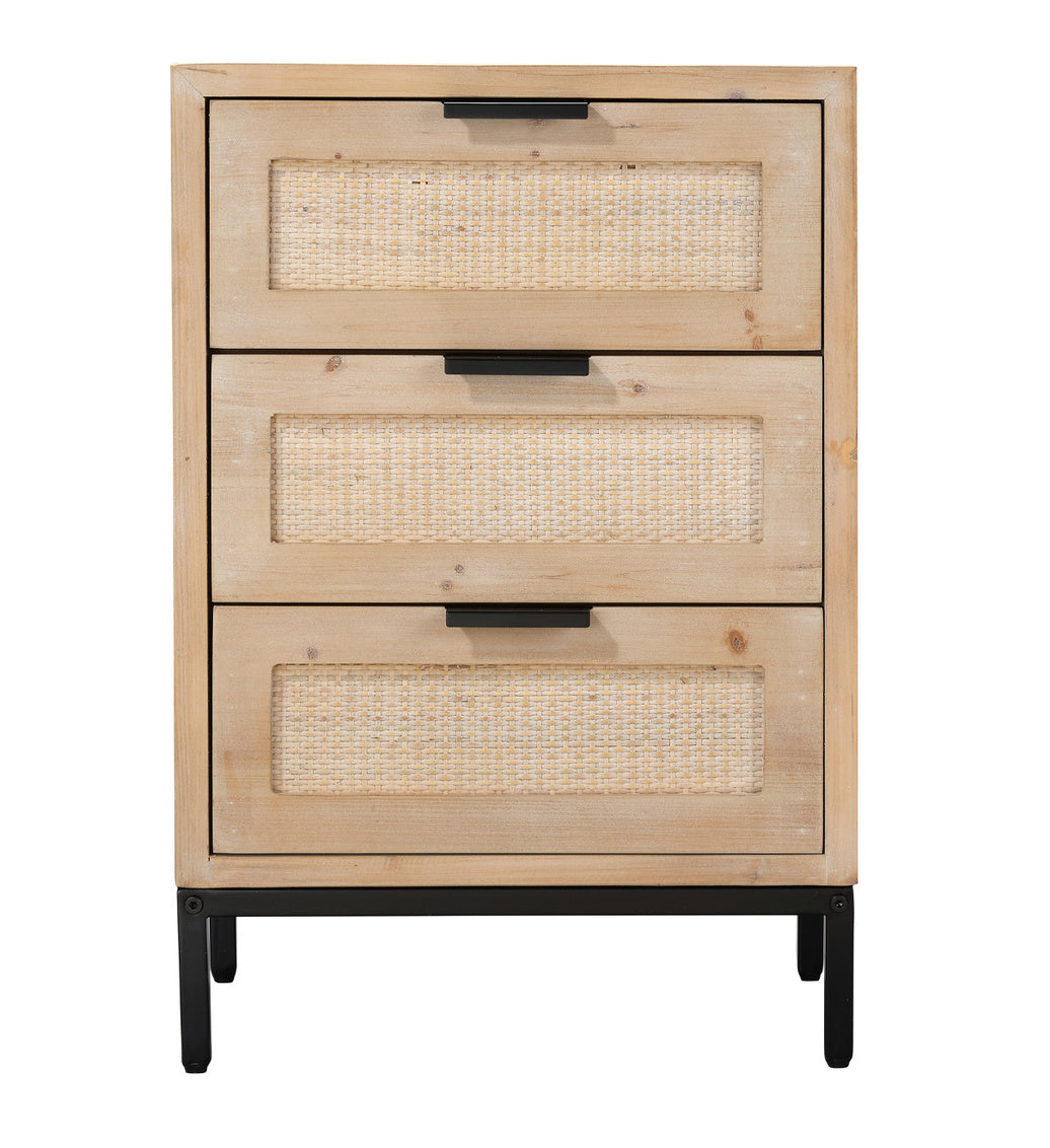 Wooden dresser with wicker drawers on a white background