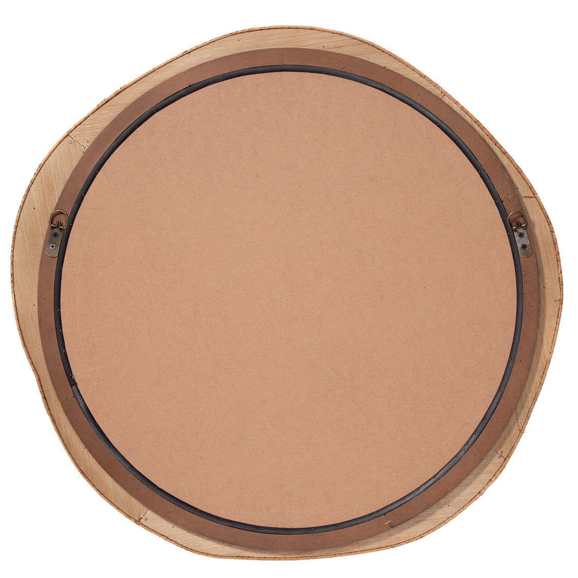 Back of Round wooden mirror with d-loops on a white background