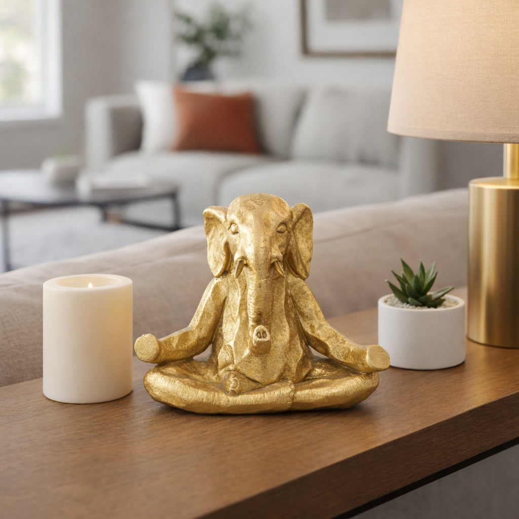 Gold elephant statue on a table with a candle and lamp in a living room setting