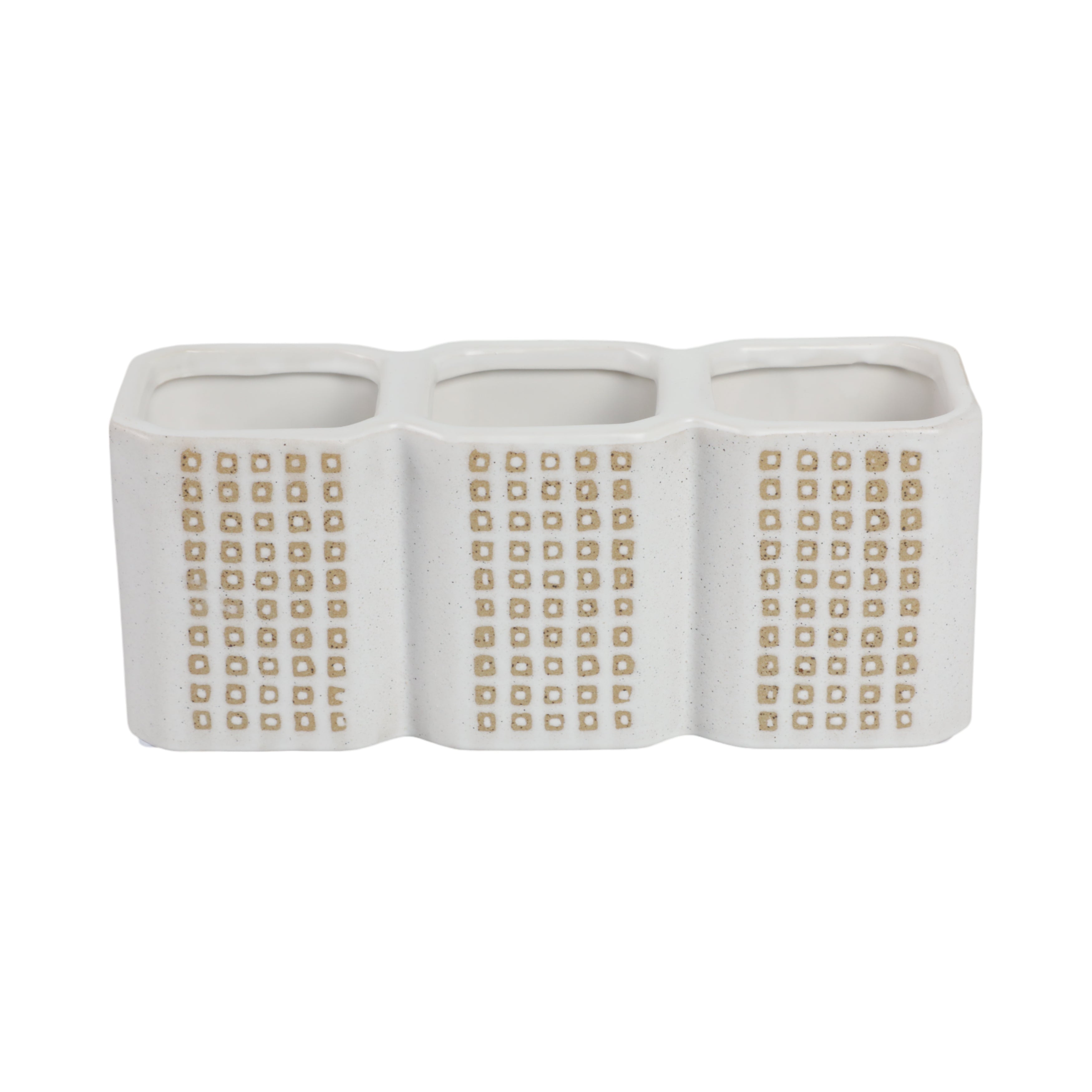 White ceramic three-compartment vase with gold square pattern on a white background
