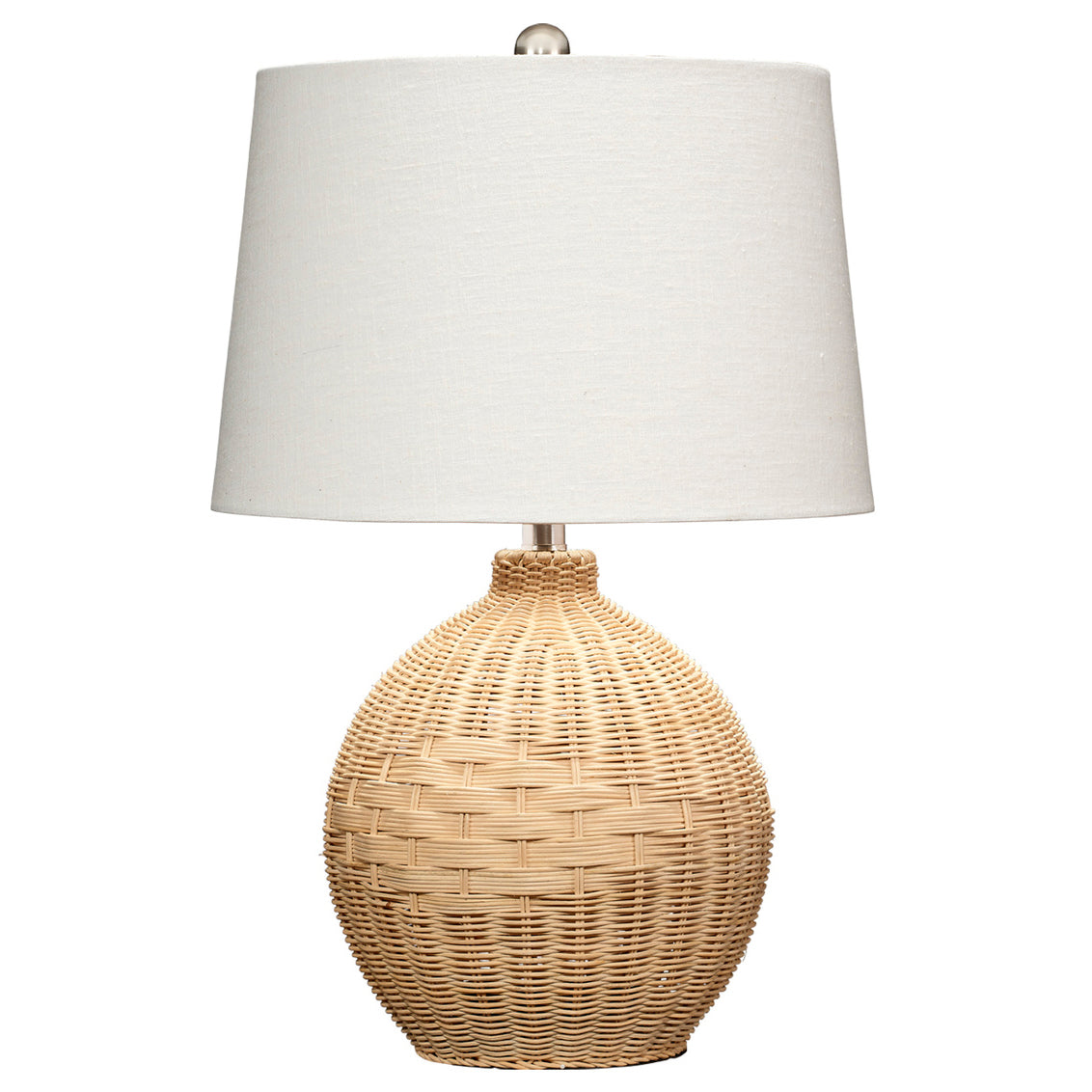 Table lamp with woven base and white shade on a white background