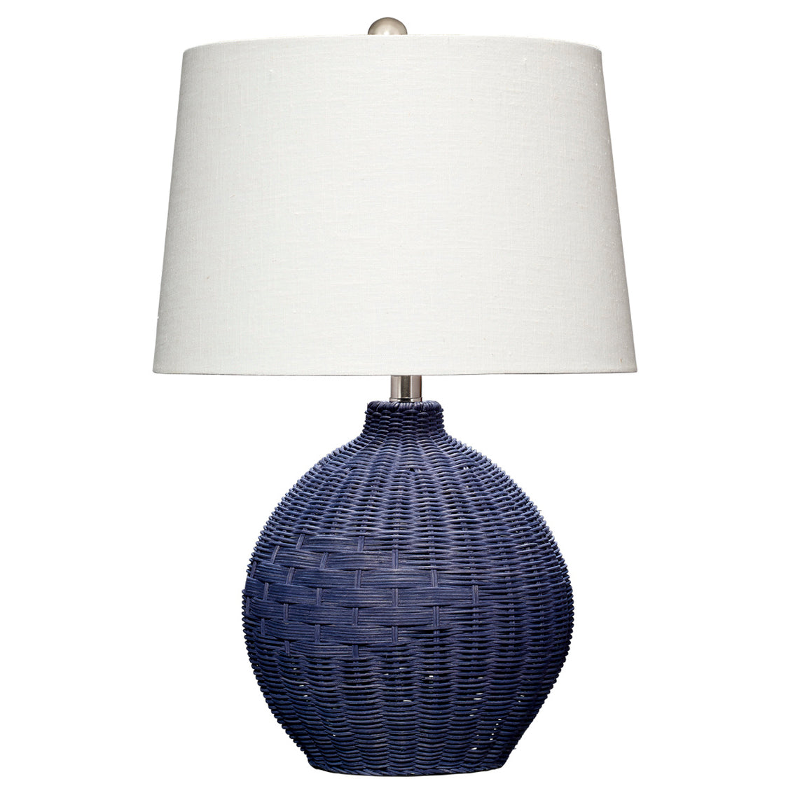 Table lamp with navy woven base and white shade on a white background