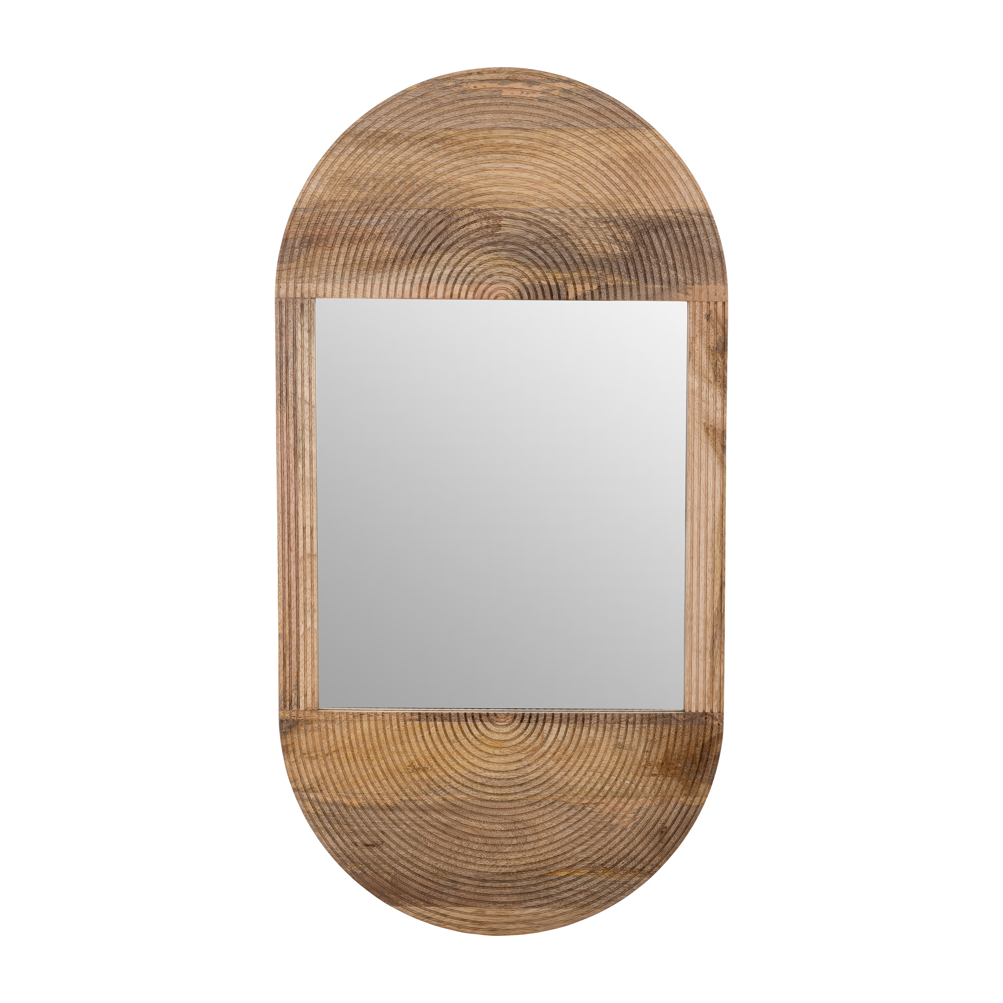 Wooden oval mirror with wicker-like texture on a white background