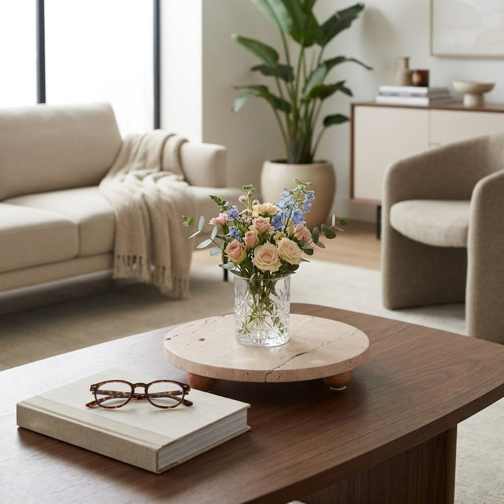 Living room with a coffee table, book, glasses, and vase of flowers.