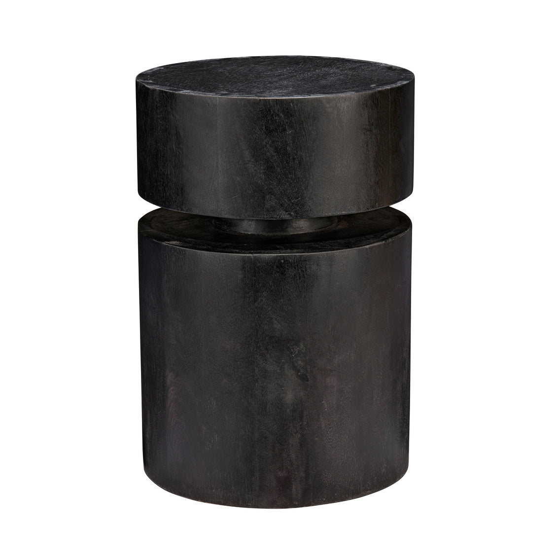 Black wooden cylindrical side table on a white background