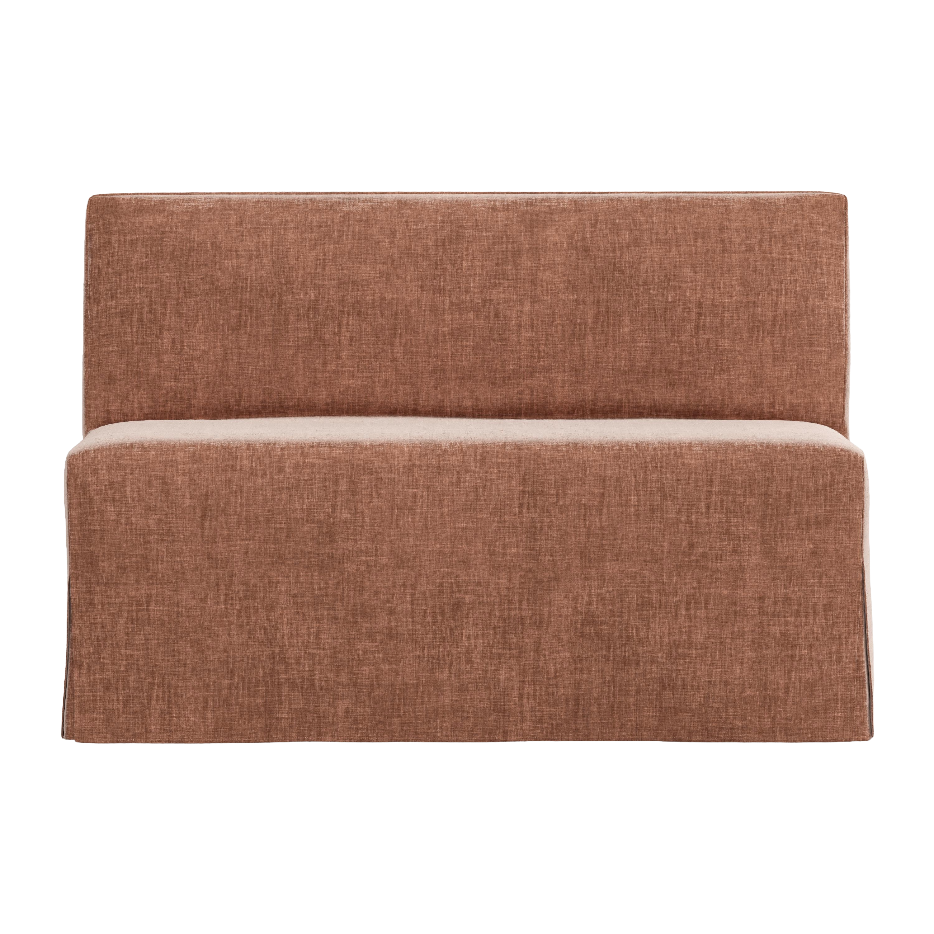 Brown upholstered bench on a white background