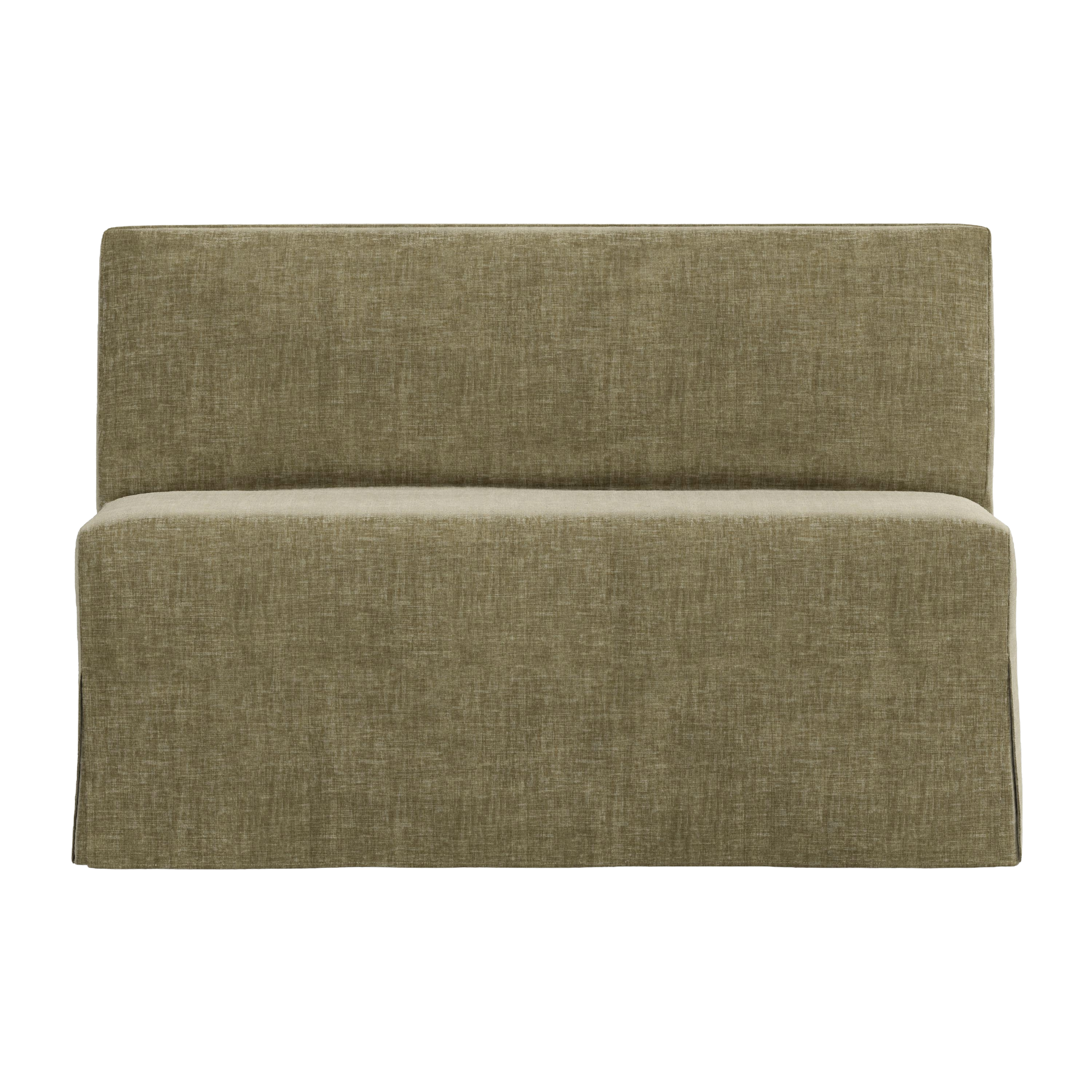 Green fabric bench with a headrest on a white background