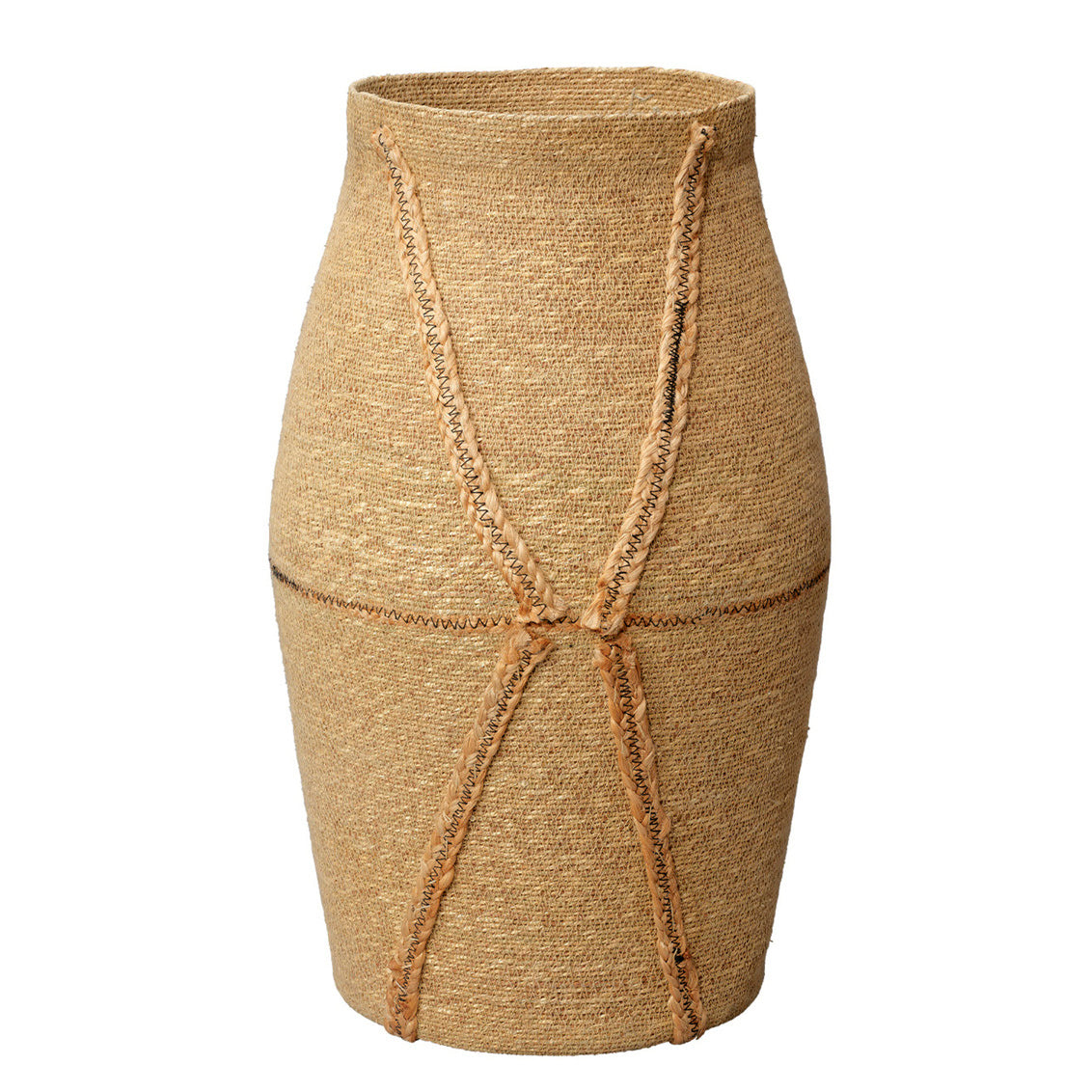 Beige woven basket on a white background