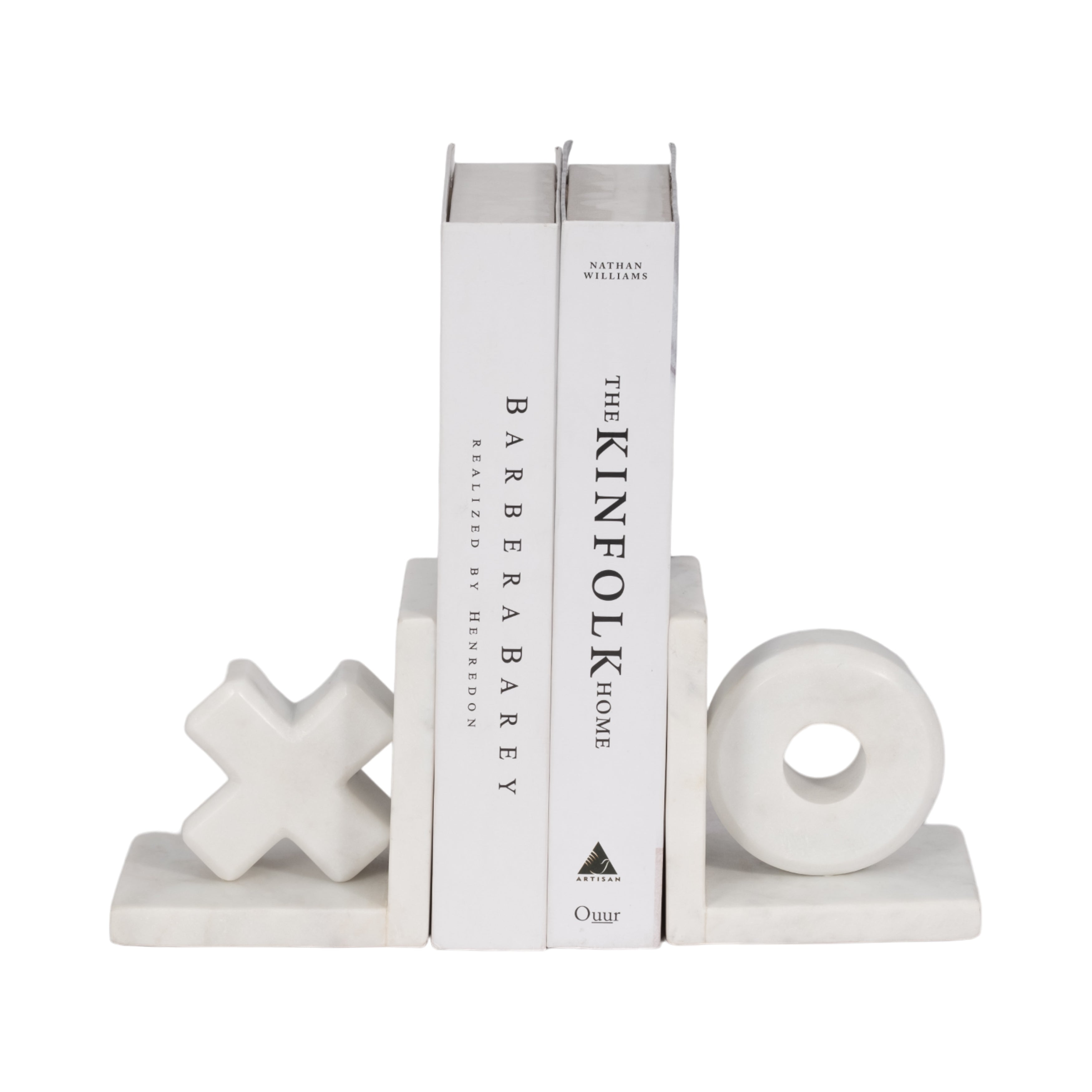White marble bookends with X and O design on a white background