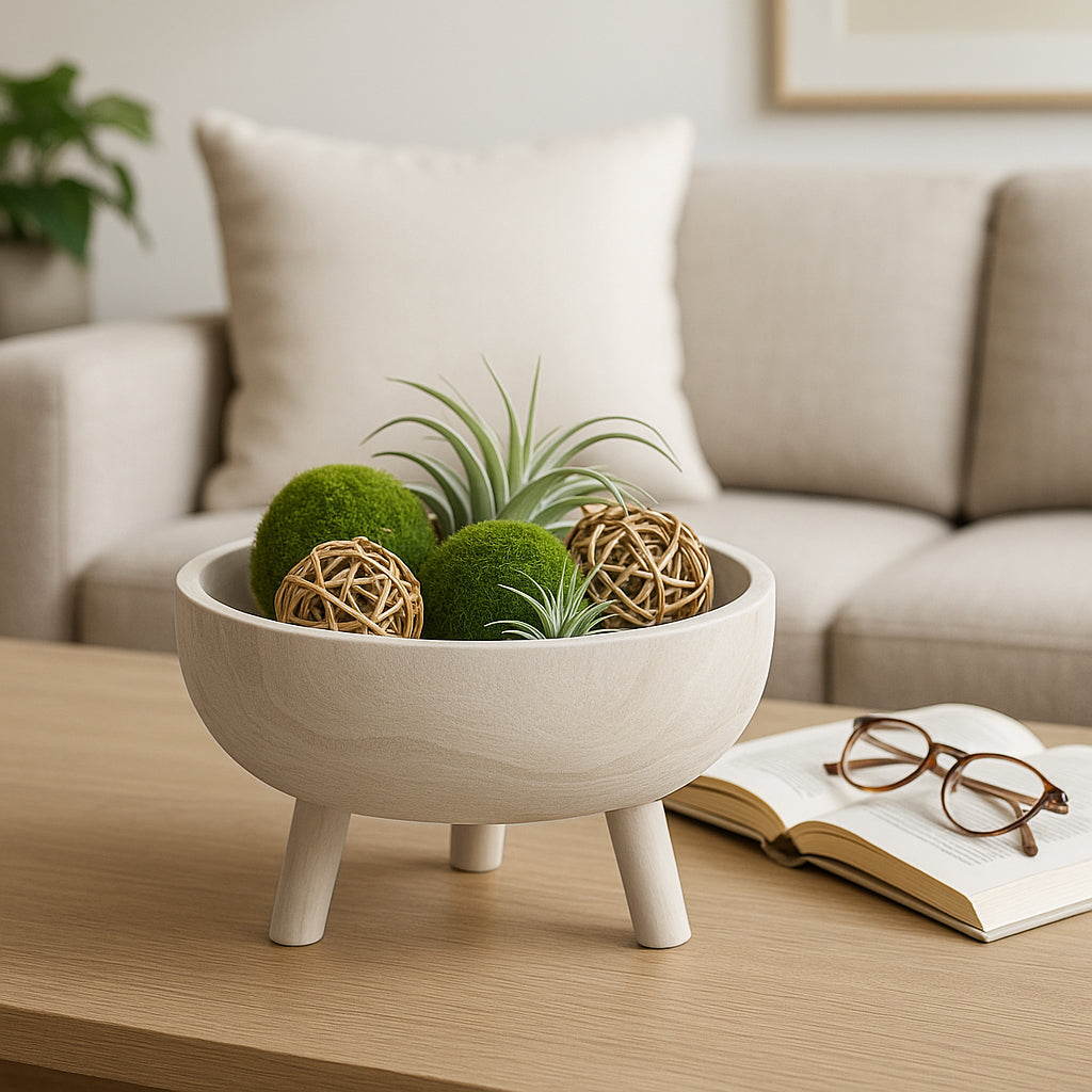 Decorative bowl with plants on a table in a living room setting