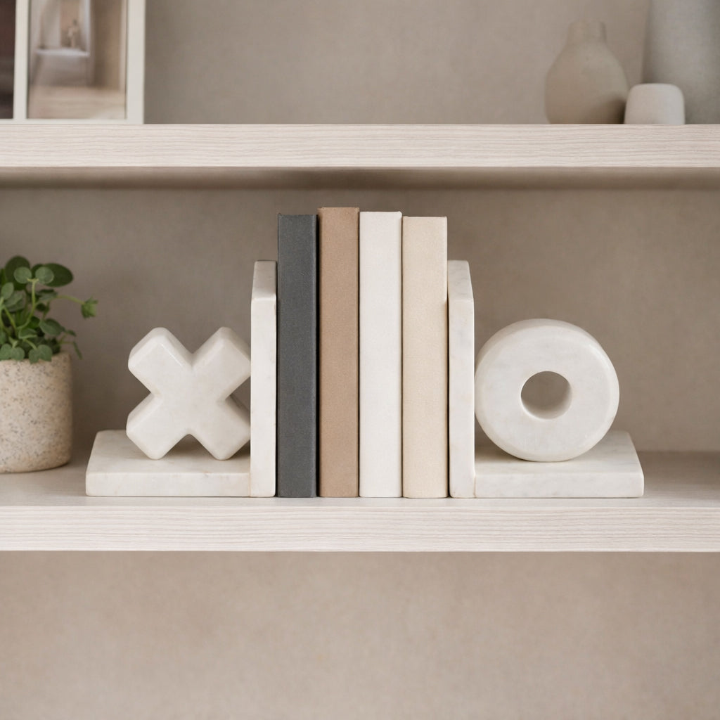 Decorative bookends and books on a shelf with a neutral background