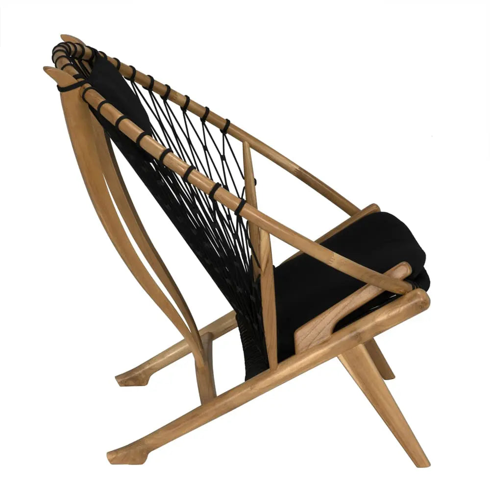 Wooden hammock chair with black straps on a white background