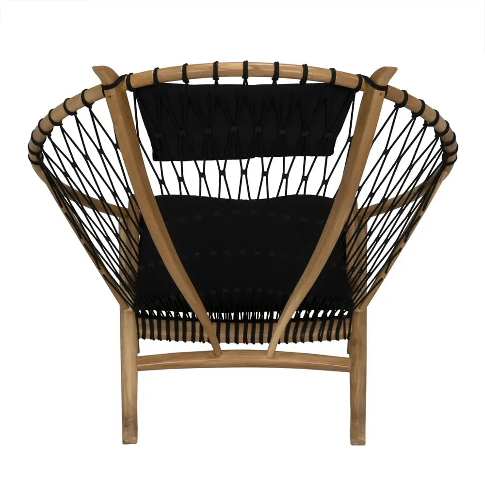 Chair with wooden frame and black woven backrest on a white background