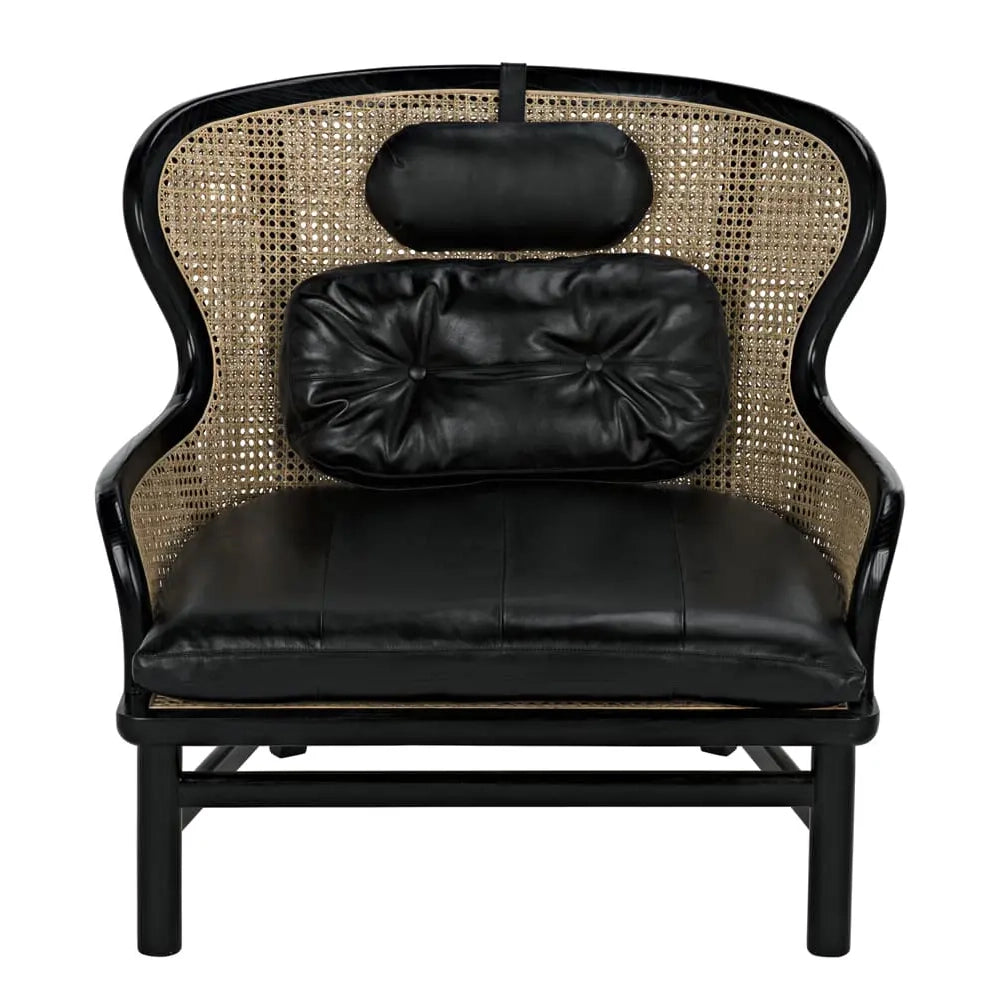 Black leather chair with woven backrest on a white background