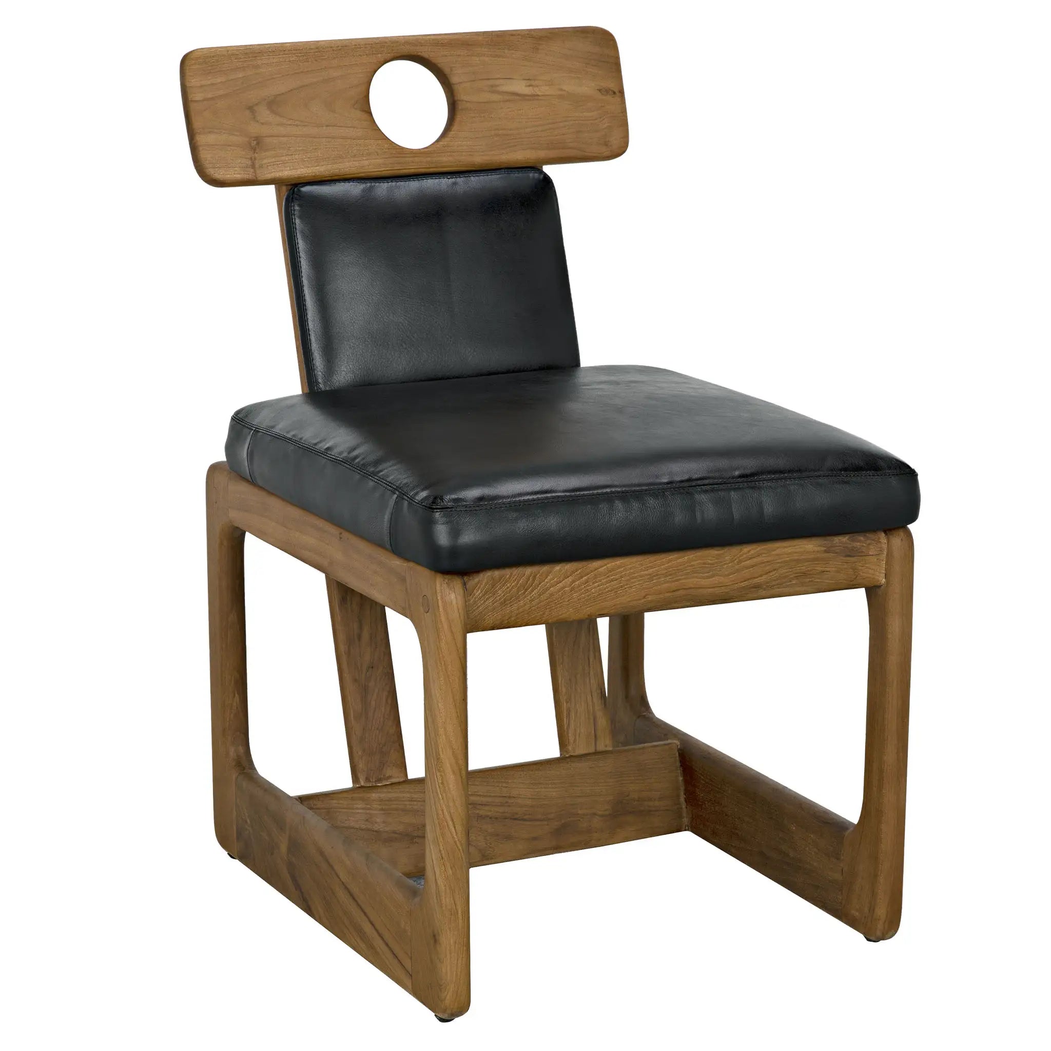 Wooden chair with black leather seat and backrest on a white background
