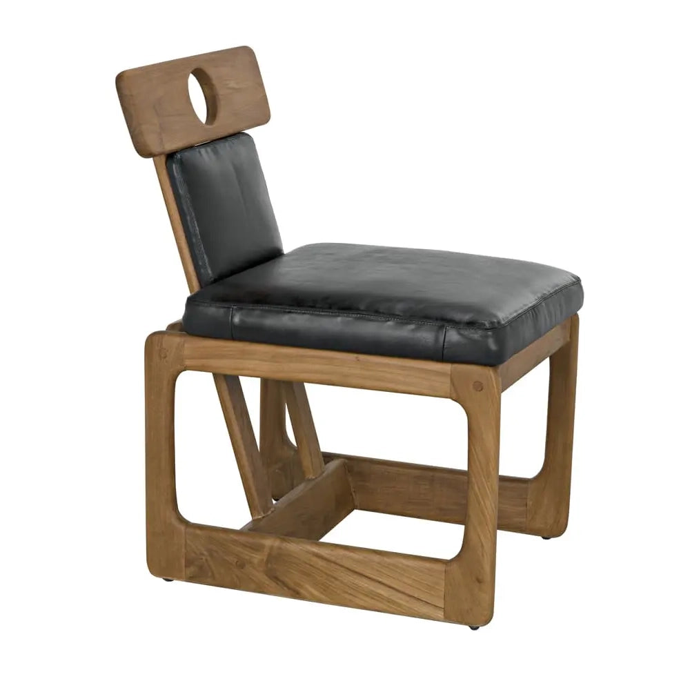 Rectangular dining chair with teak frame and black leather cushioned seat and low back